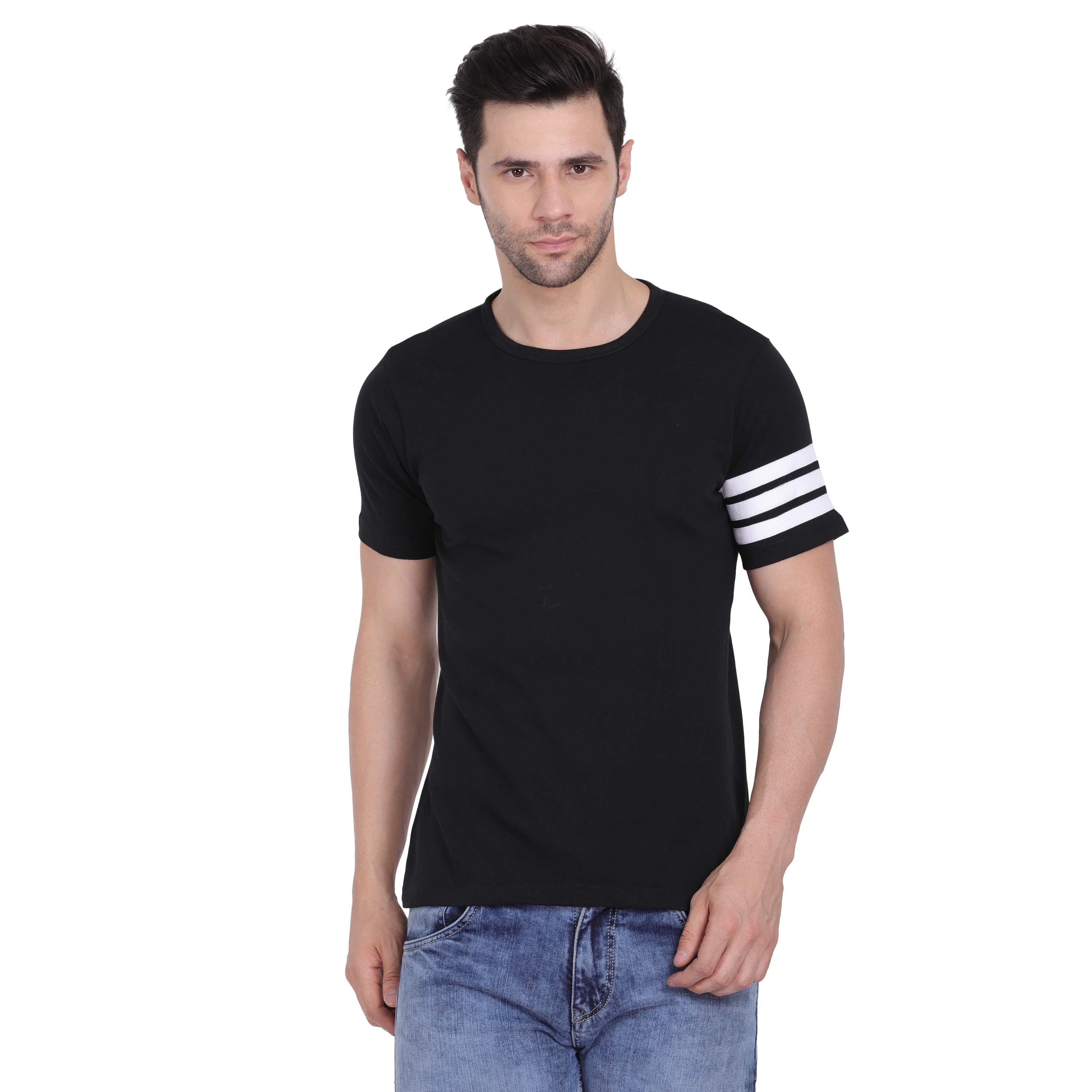 Styvibe | Styvibe Men Black With Contrast Sleeve Detail Half Sleeve Round Neck T-Shirt