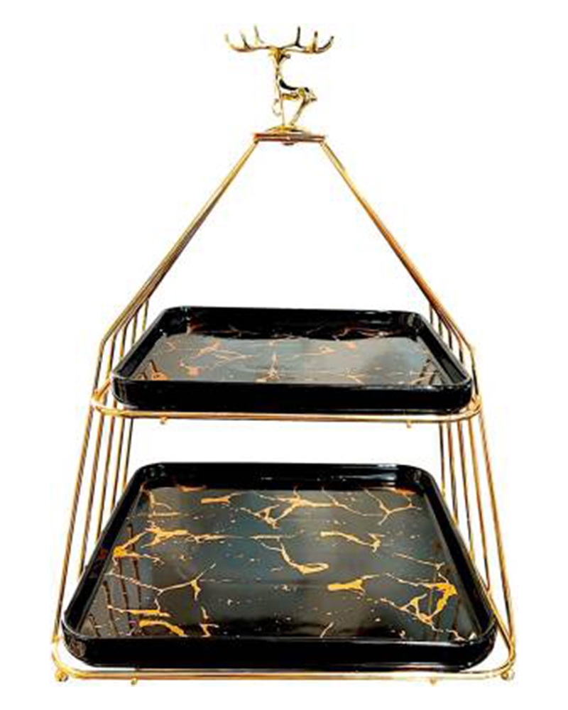 Order Happiness | Order Happiness Gold & Black Ceramic and Metal Stand Tray Serving Set (Pack of 2)