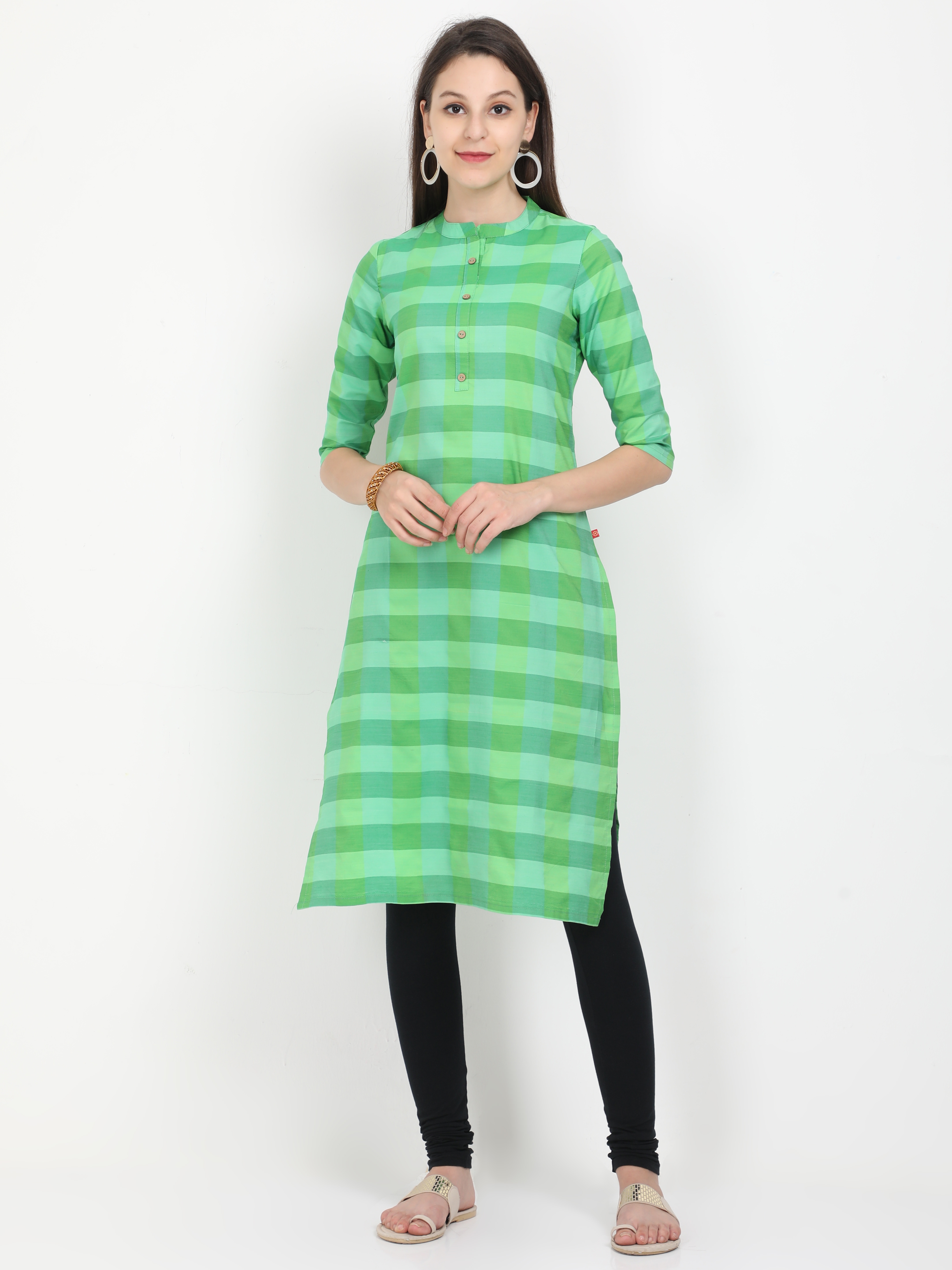 MARCIA | Marcia green solid three quarter sleeves cotton Long Kurta