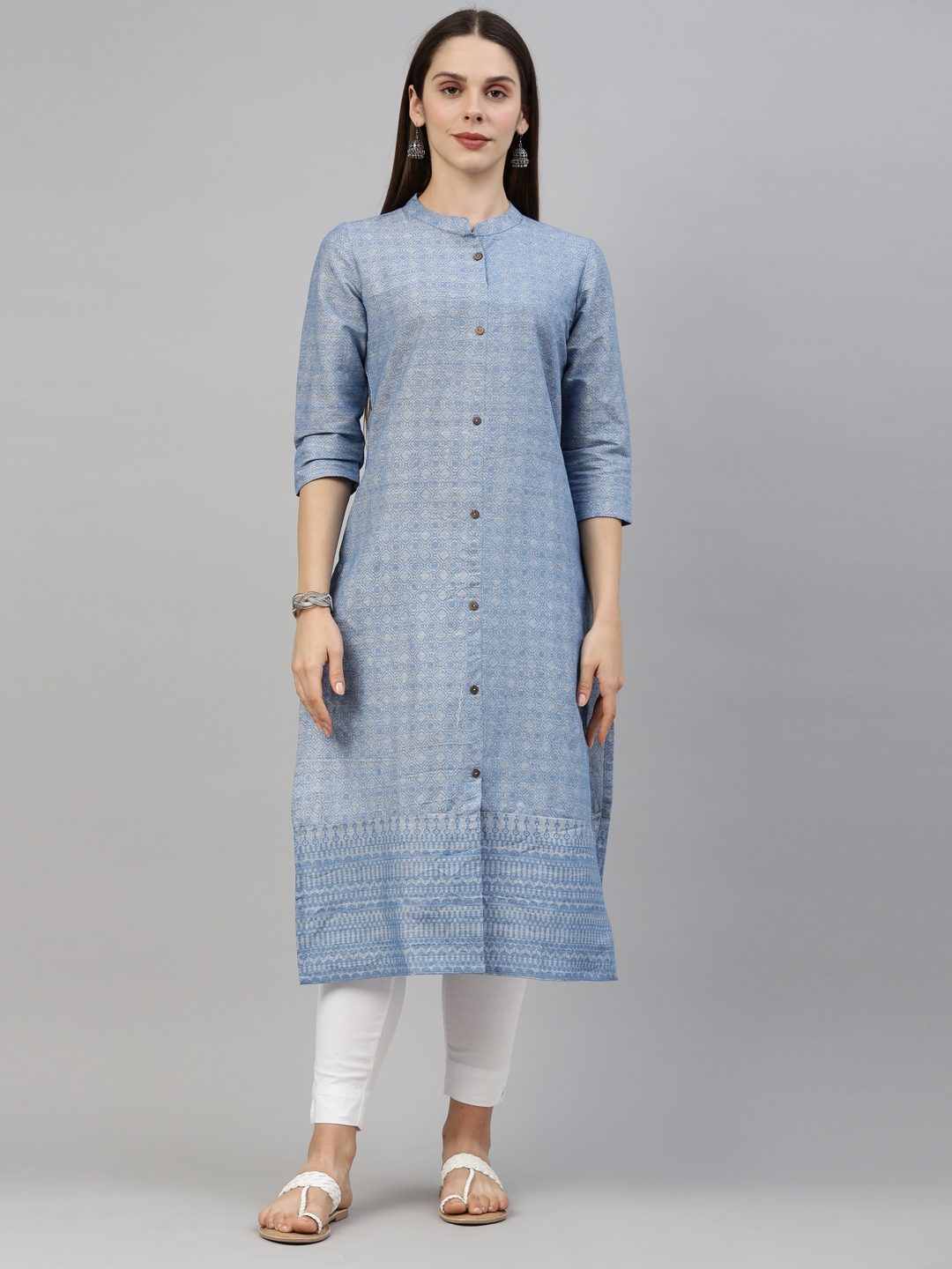 MARCIA | Women's Blue Printed Cotton Straight Long Kurta