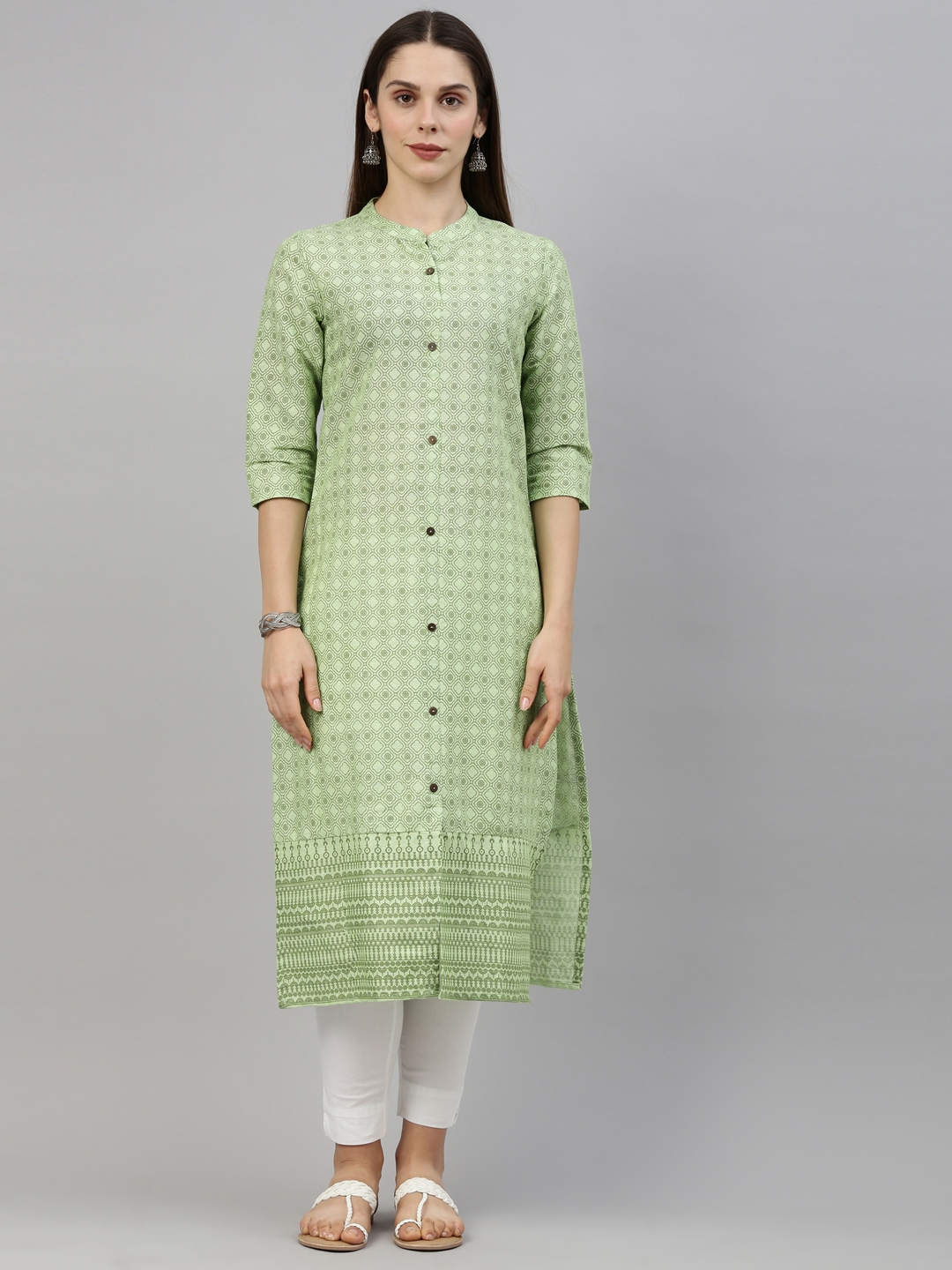 MARCIA | Women's Green Printed Cotton Straight Long Kurta