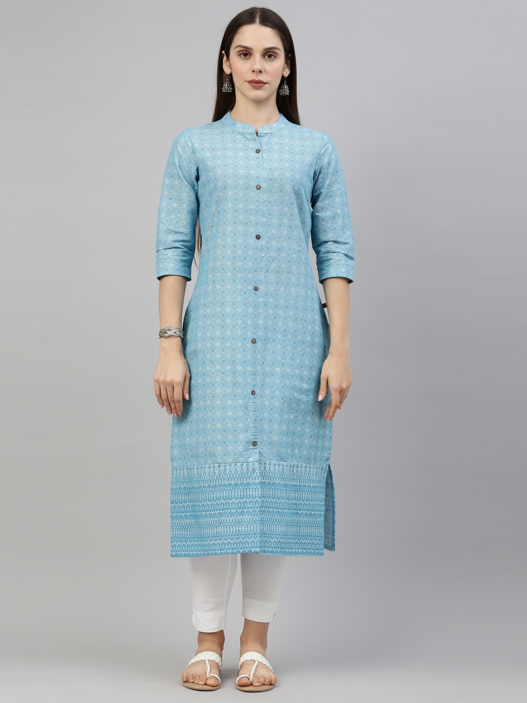 MARCIA | Women's Blue Printed Cotton Straight Long Kurta