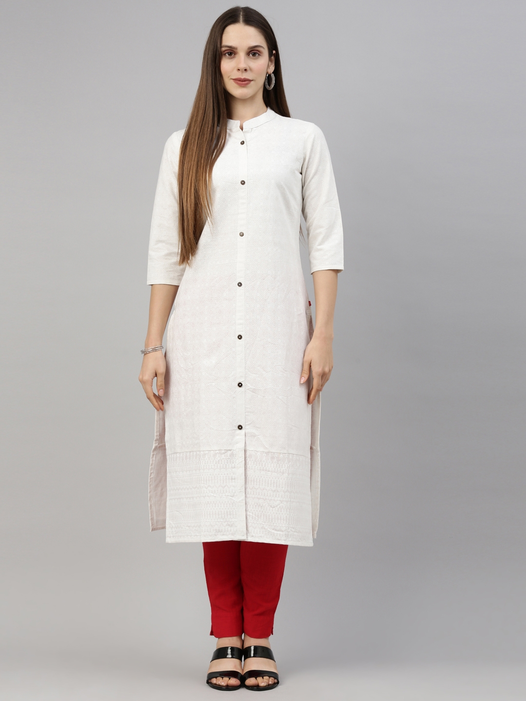 MARCIA | Women's White Printed Cotton Straight Long Kurta