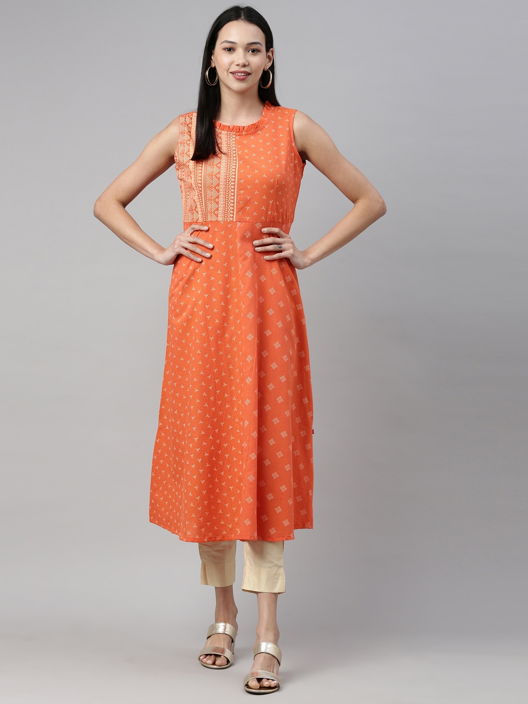 MARCIA | Women's Orange Printed Cotton Straight Long Kurta