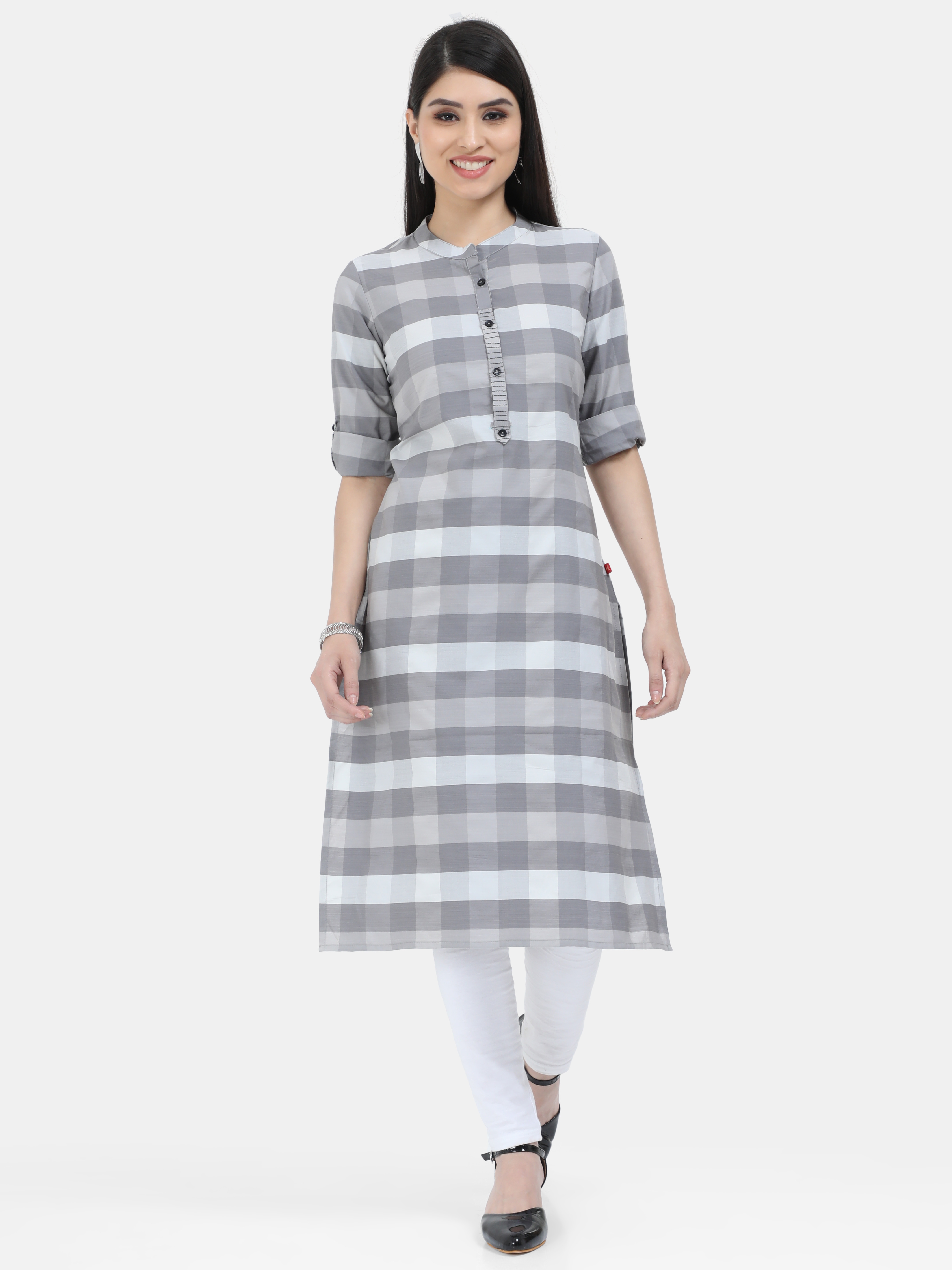 MARCIA | Women's Grey Checks Cotton Straight Long Kurta