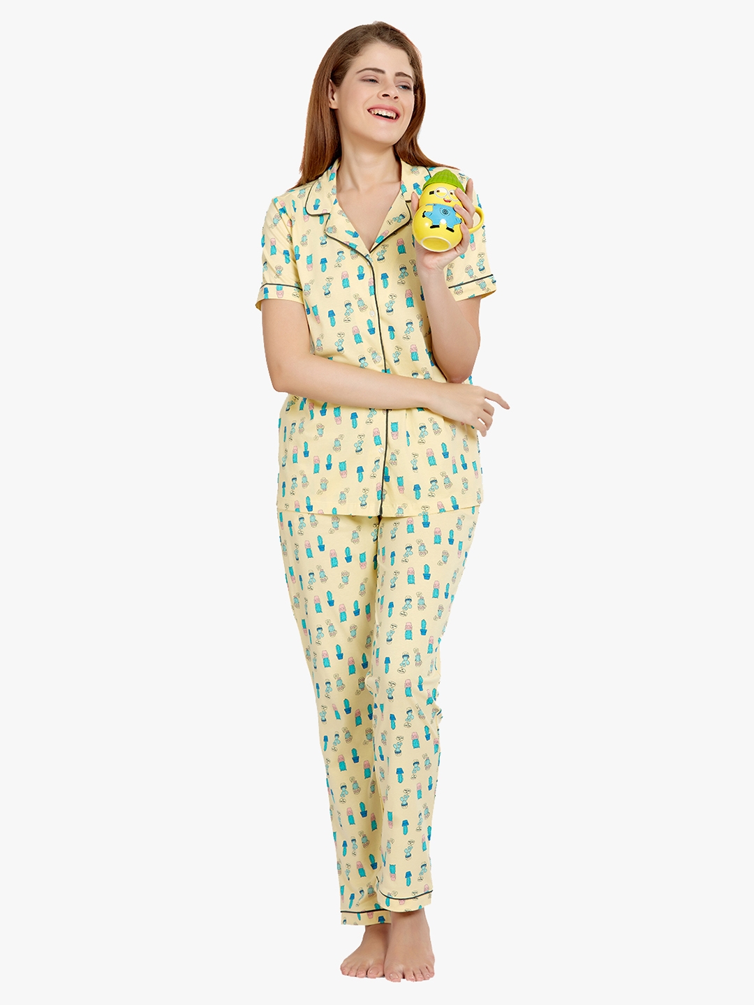 MAYSIXTY | Maysixty Women's Yellow 100% Cotton Printed Nightsuit Set ( SHIRT-PAJAMA )