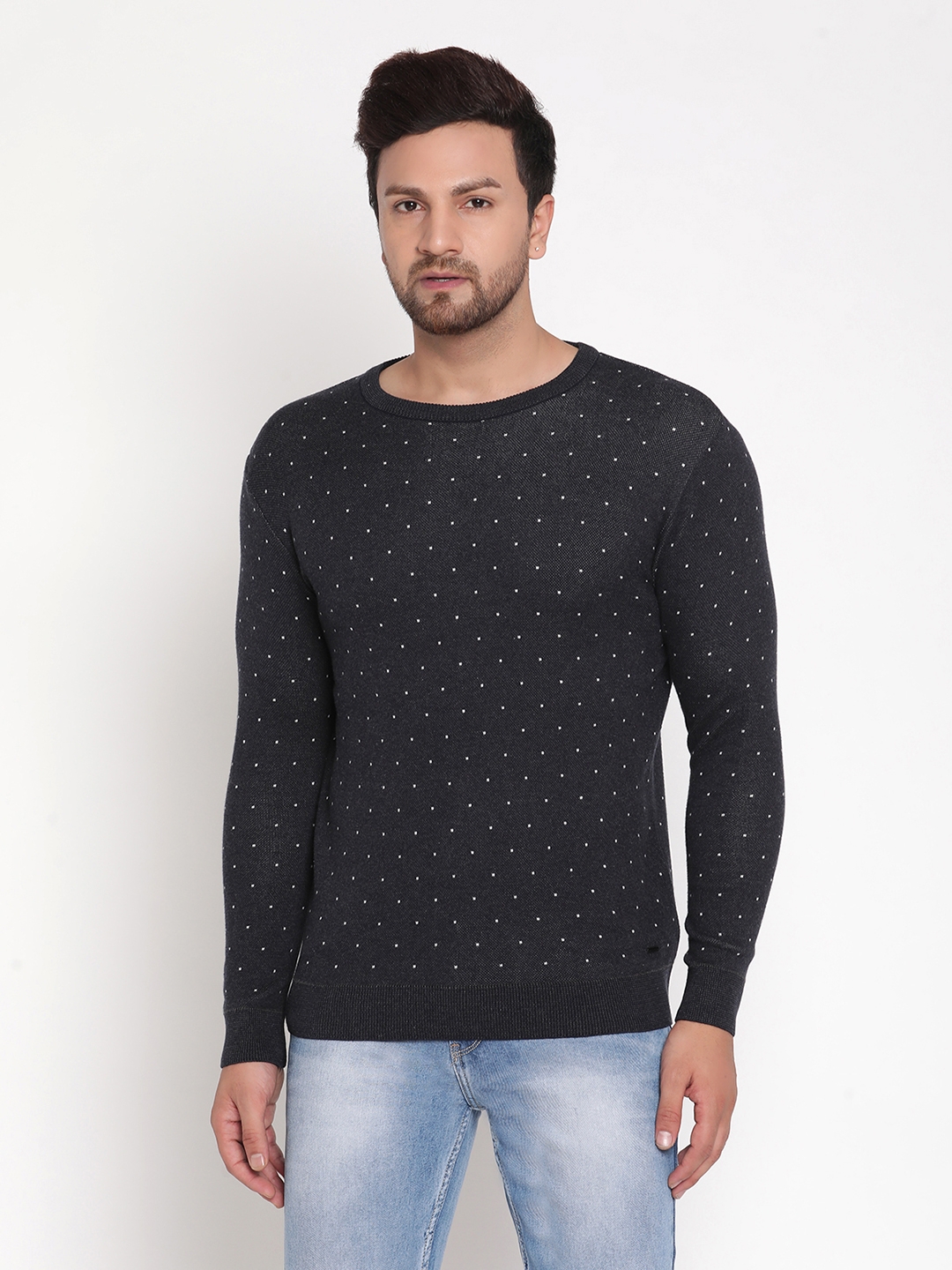 METTLE |  Navy Blue Printed Full Sleeve Pullover Sweater