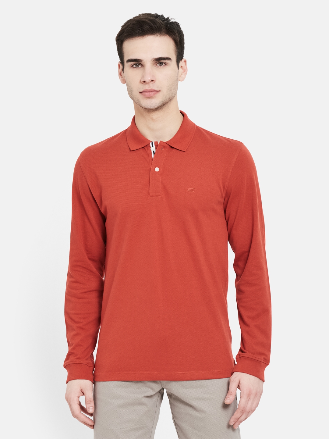 METTLE |  Orange Solid Full Sleeve Polo Collar Applique Full Sleeve T-shirt