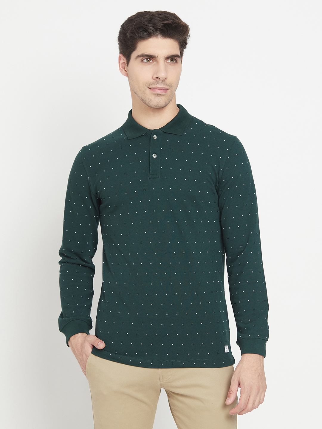 METTLE |  Green Solid Polo Collar Full Sleeve T-shirt