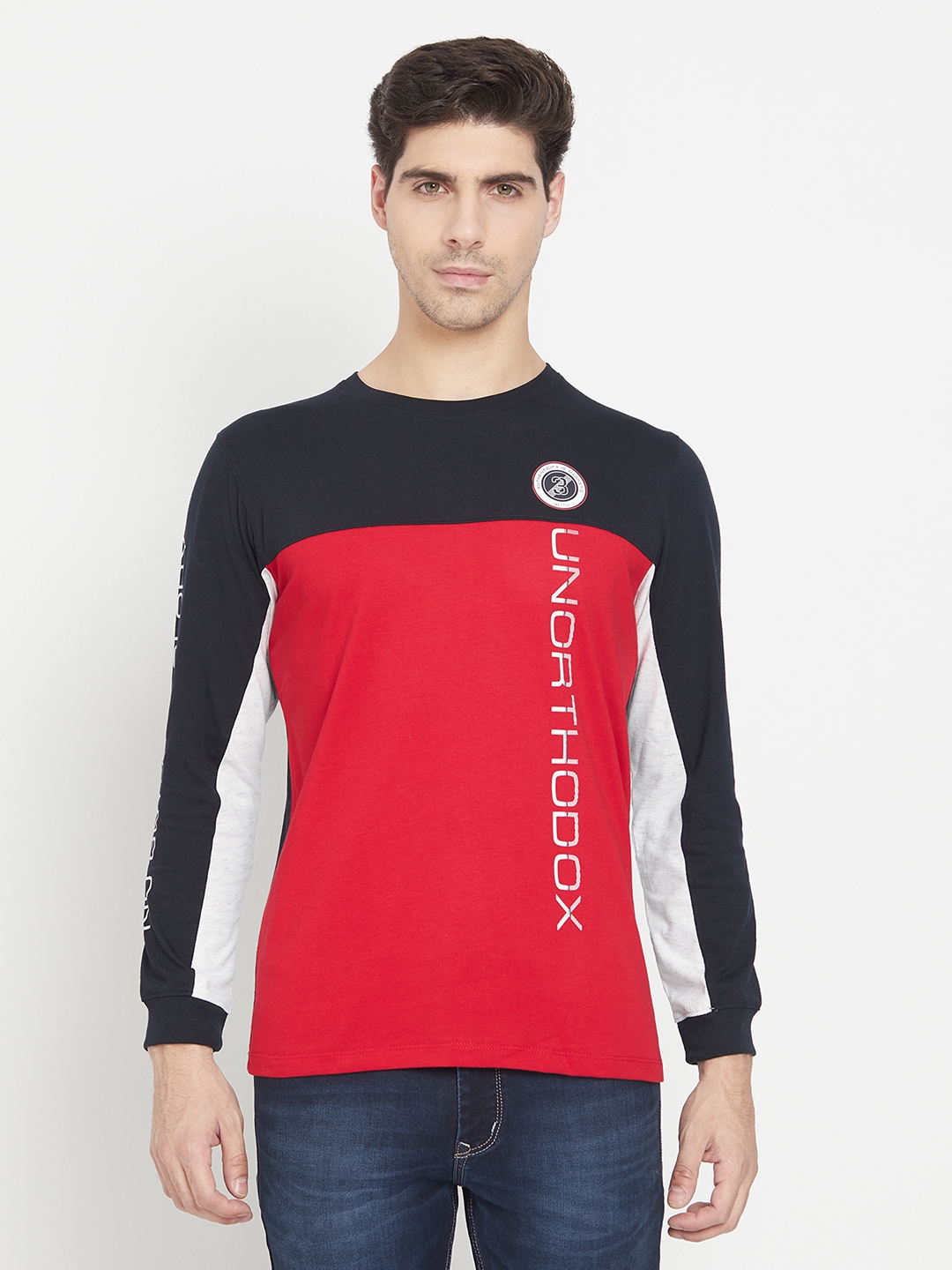 METTLE |  Red Striped Applique Round Neck Full Sleeve T-shirt
