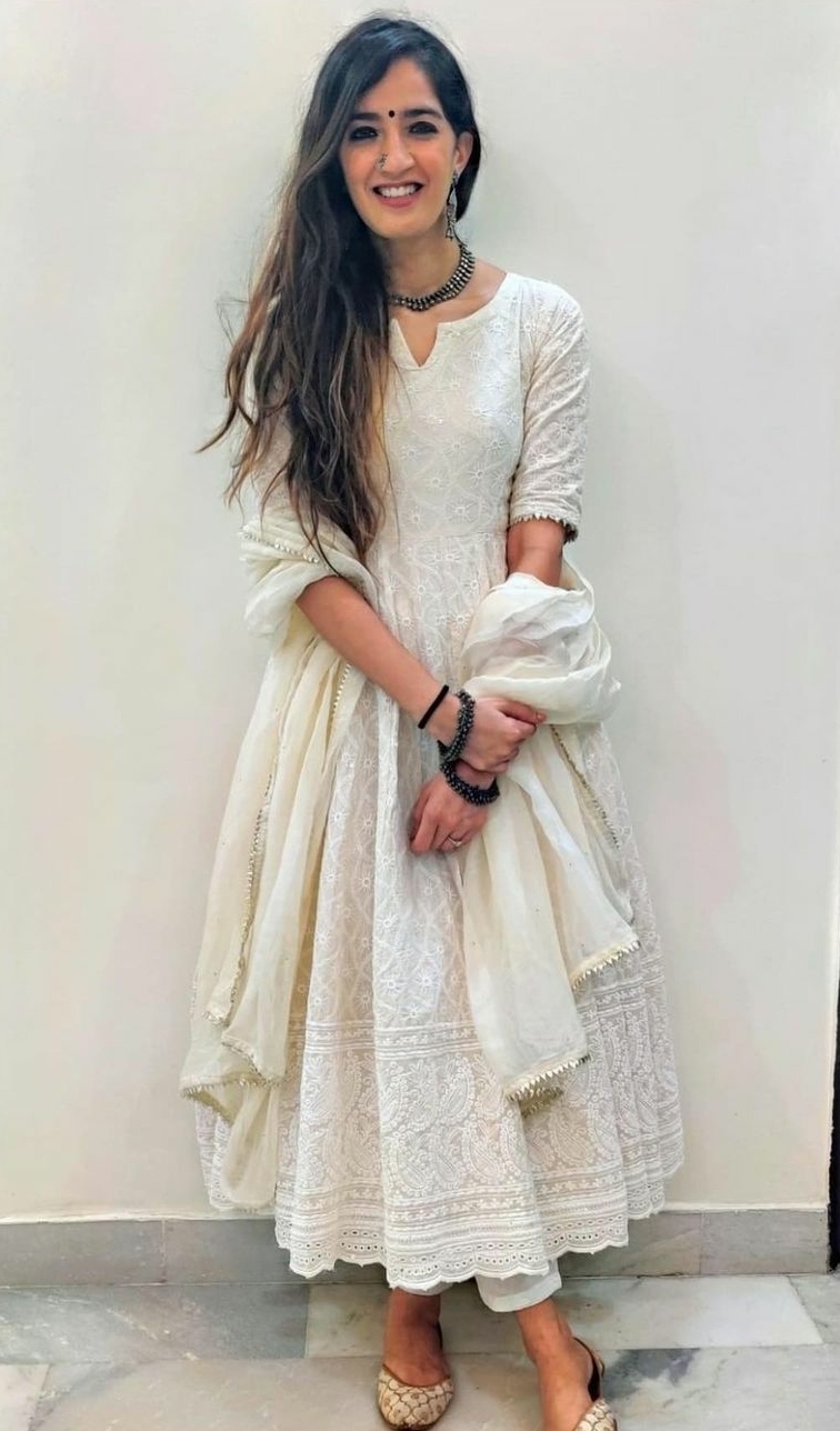 White Lucknowi Chikankari With Embroidery Cotton Kurta Partywear Gown With Dupatta