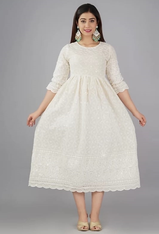 White Chikan Cotton Anarkali Embroidery Kurta Dress