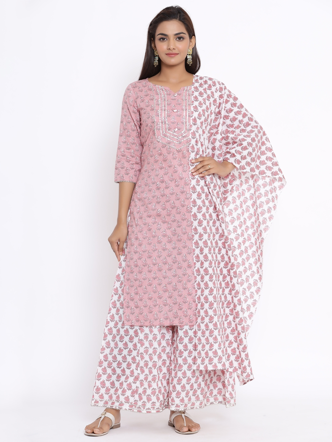 Miravan | Miravan women's  cotton printed straight kurta And Palazzo With Dupatta set 