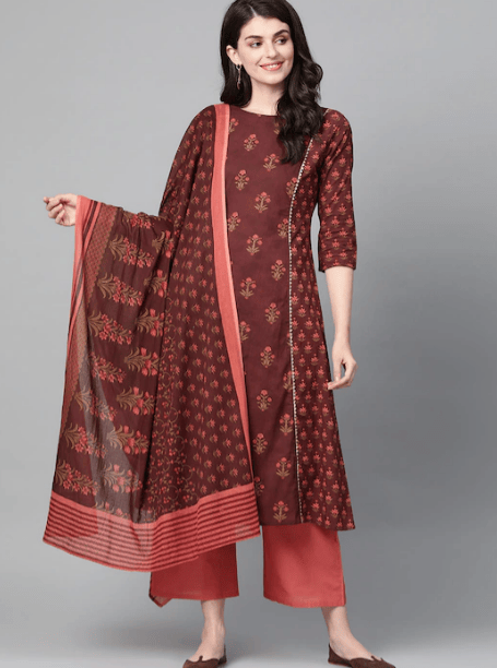 Miravan | Miravan Women's Pure Cotton Printed Straight Kurta Trouser With Dupatta Set