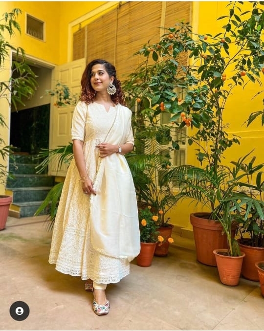 Miravan | White Lucknowi Chikankari With Embroidery Cotton Kurta Partywear Gown With Dupatta