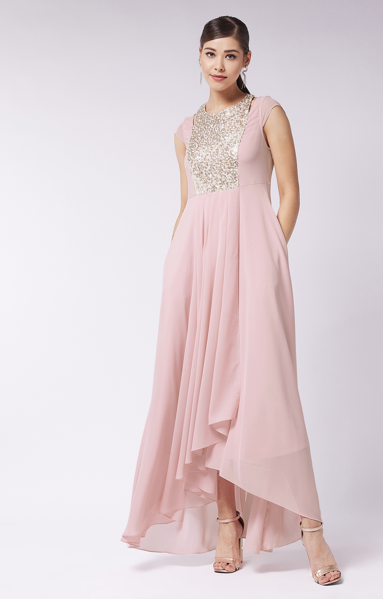 MISS CHASE | Women's Pink Round Neck Short Solid Embellished Maxi Dress