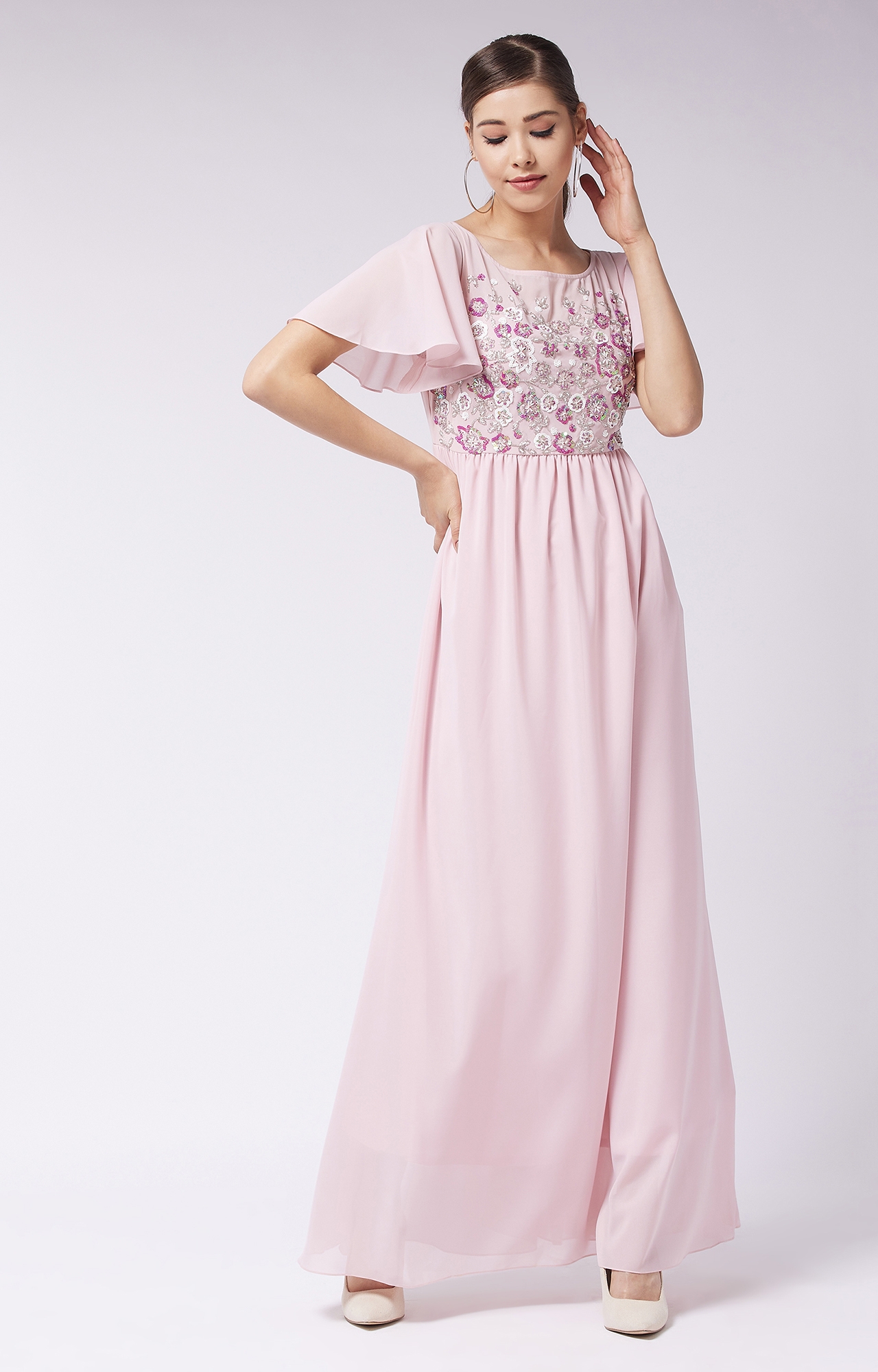 MISS CHASE | Women's Blush Pink Embellished Gathered Maxi Dress