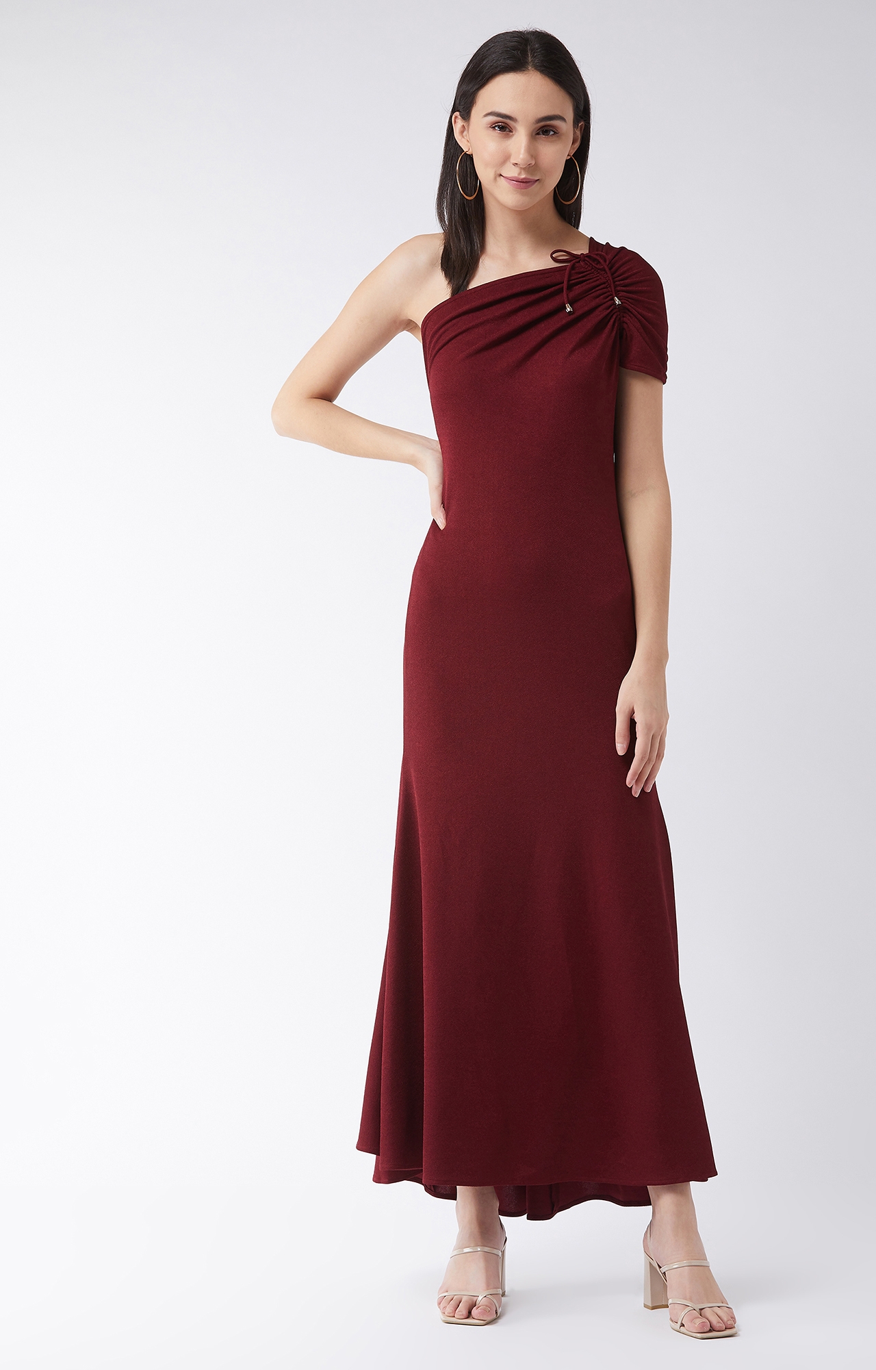 MISS CHASE | Women's Red OneShoulder Half  Solid Ruching Maxi Dress