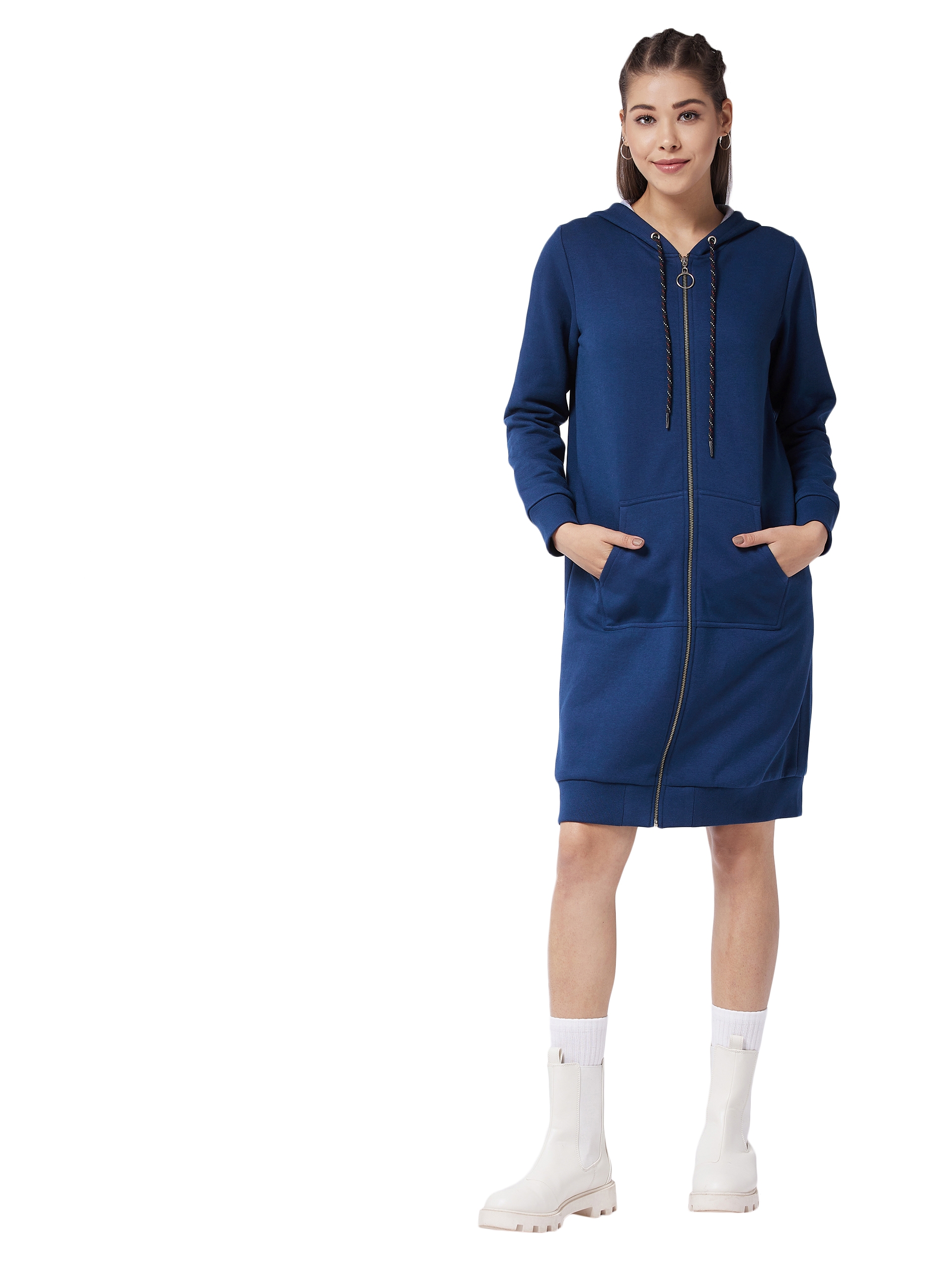 MISS CHASE |  Navy Blue Hooded Full Sleeve Solid Knee Length Dress