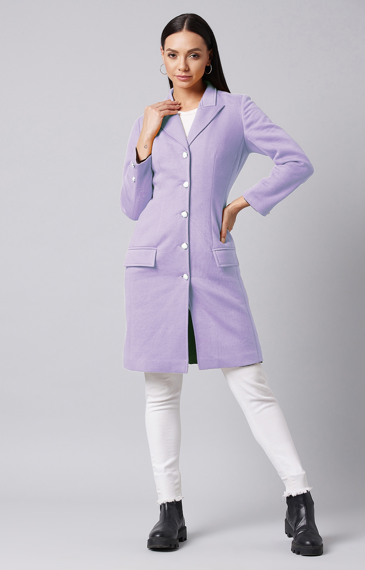 MISS CHASE | Women's Pink Notch Lapel Long Solid Paneled Midi Jacket
