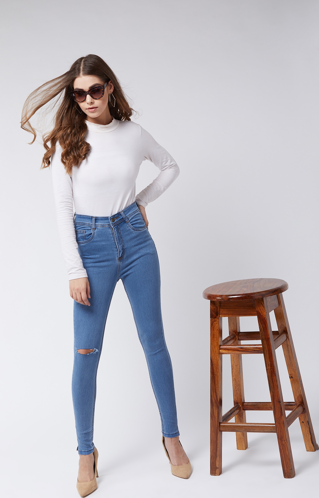 MISS CHASE | Miss Chase Women's Blue Skinny High-Rise Distressed Regular Denim Jeans