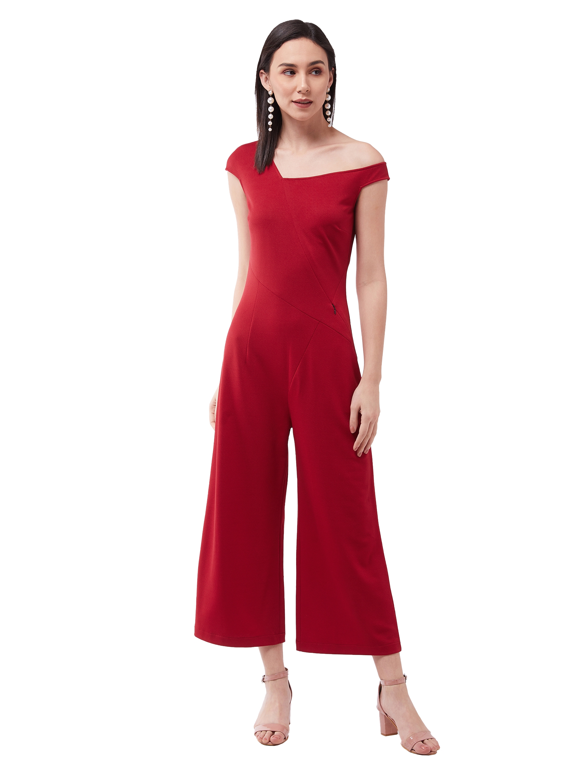 MISS CHASE |  Red Solid Slim Fit One-Shoulder Cap Sleeve Crop Length Asymmetrical Jumpsuit