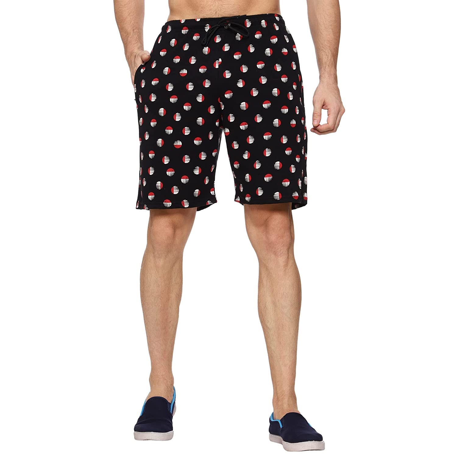 Moovfree | Moovfree Mens Cotton Bermuda Printed Casual Shorts Regular Fit Lounge Shorts with Zip Pockets, Red and White Circle on Black 