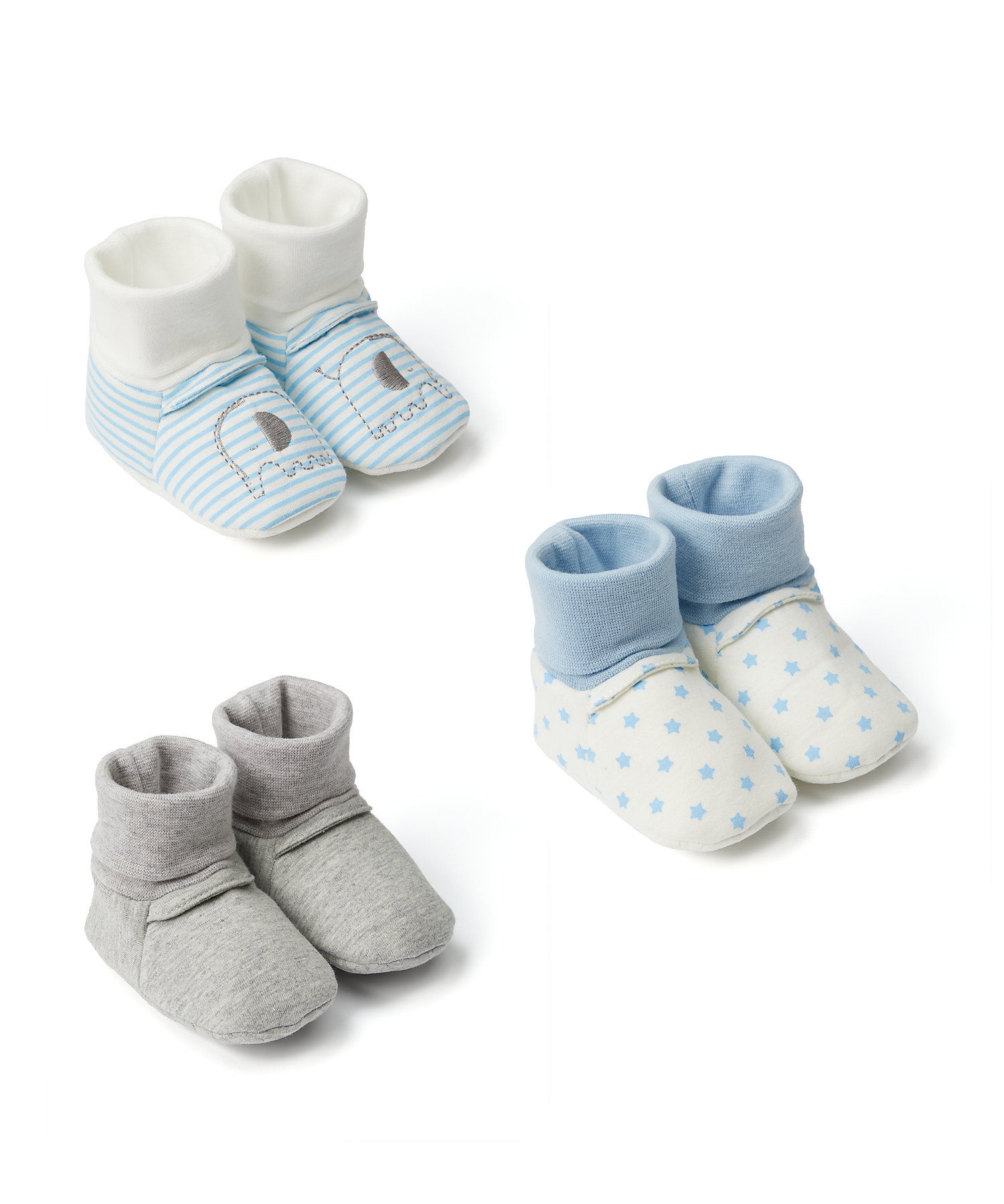 Mothercare | Boys Socktop Booties Elephant Embroidery - Pack Of 3 - Blue Grey