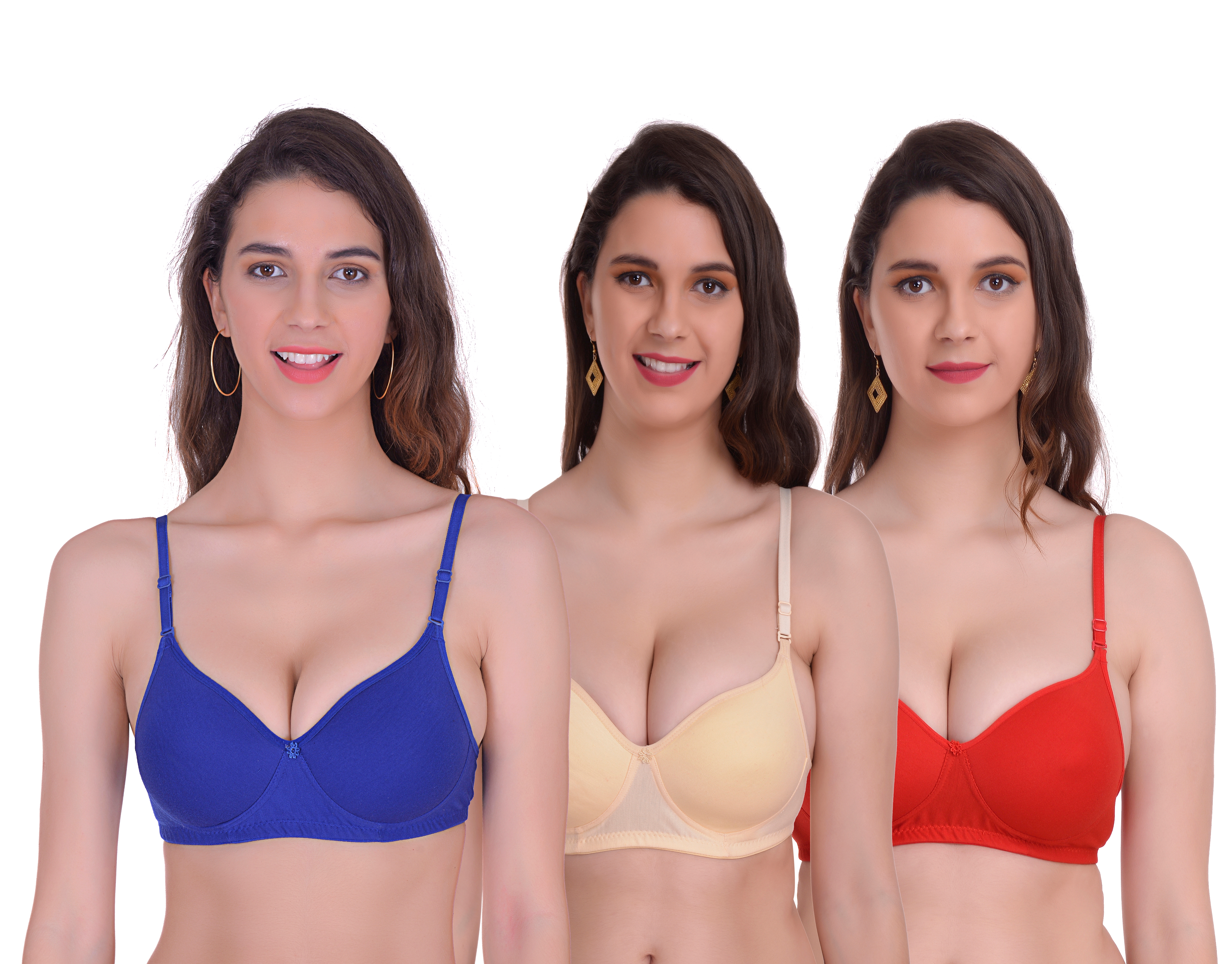 Mynte Women's Cotton Rich Lightly Padded Non-Wired Full Cup Regular Bra (Pack of 3) (Blue/Yellow/Red,30) (MY-CPPB-7BLYR-30)