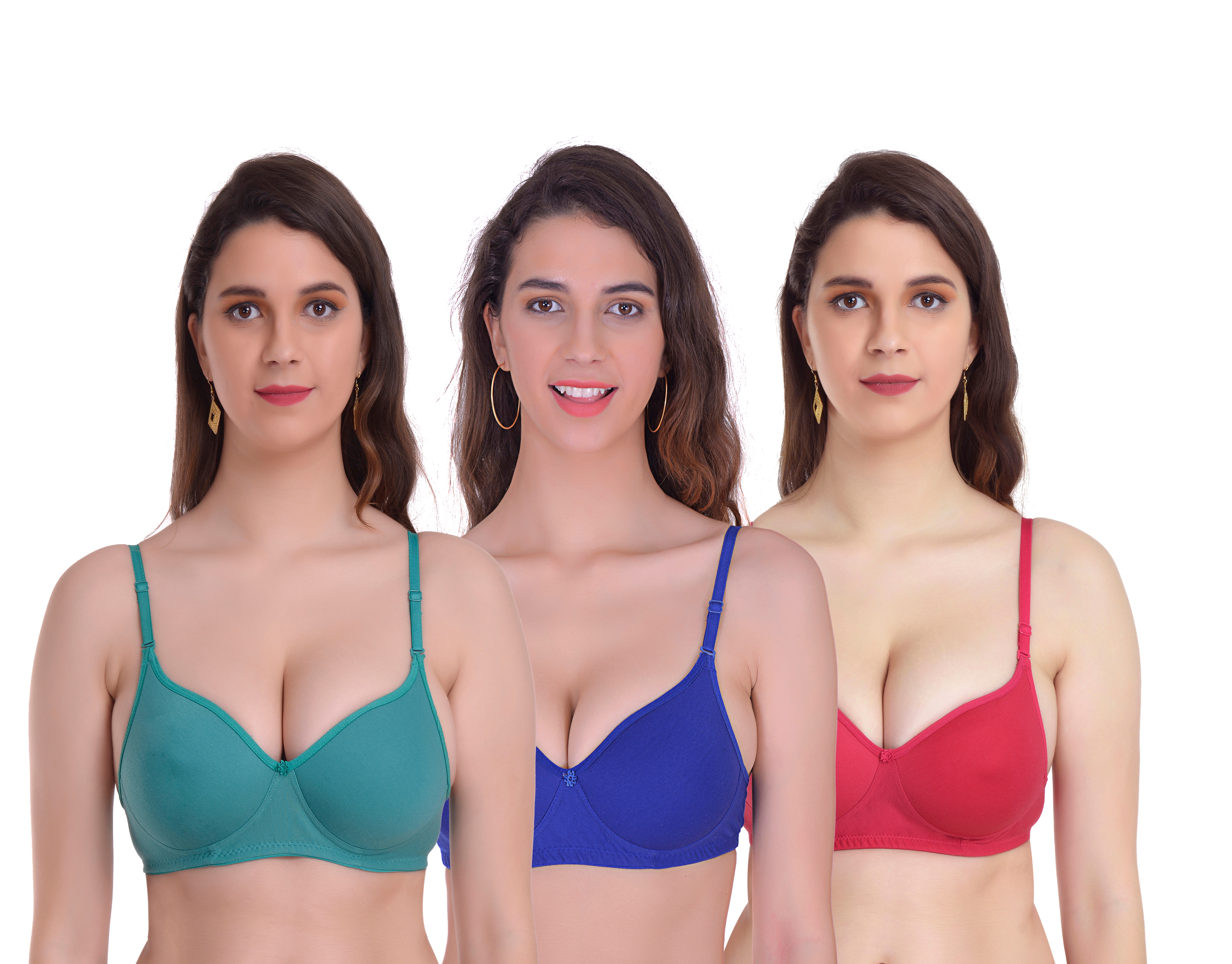 Mynte | Mynte Women's Cotton Rich Lightly Padded Non-Wired Full Cup Regular Bra (Pack of 3) (Green/Blue/Pink,30) (MY-CPPB-7GBLHR-30)