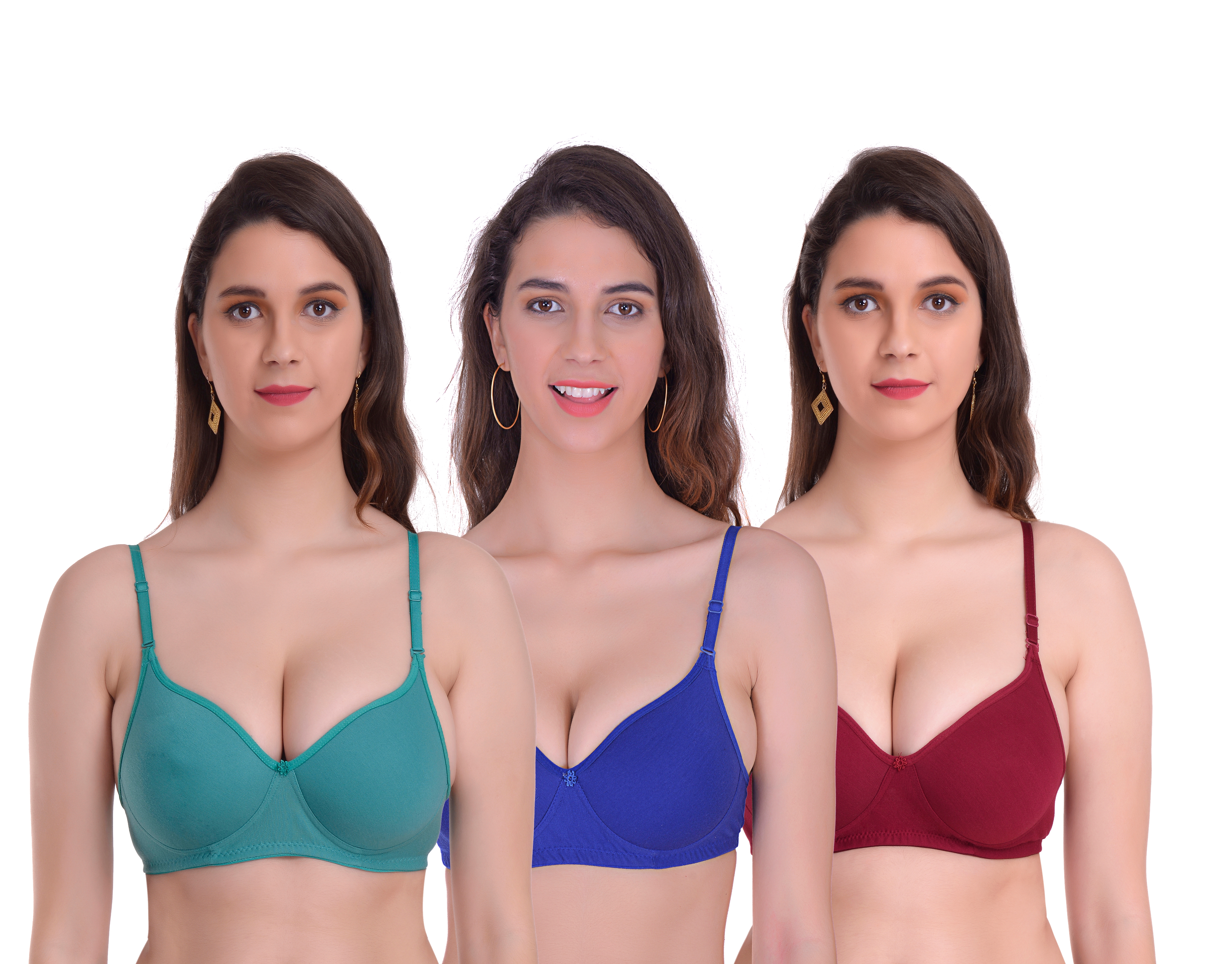 Mynte Women's Cotton Rich Lightly Padded Non-Wired Full Cup Regular Bra (Pack of 3) (Green/Blue/Maroon,30) (MY-CPPB-7GBLM-30)