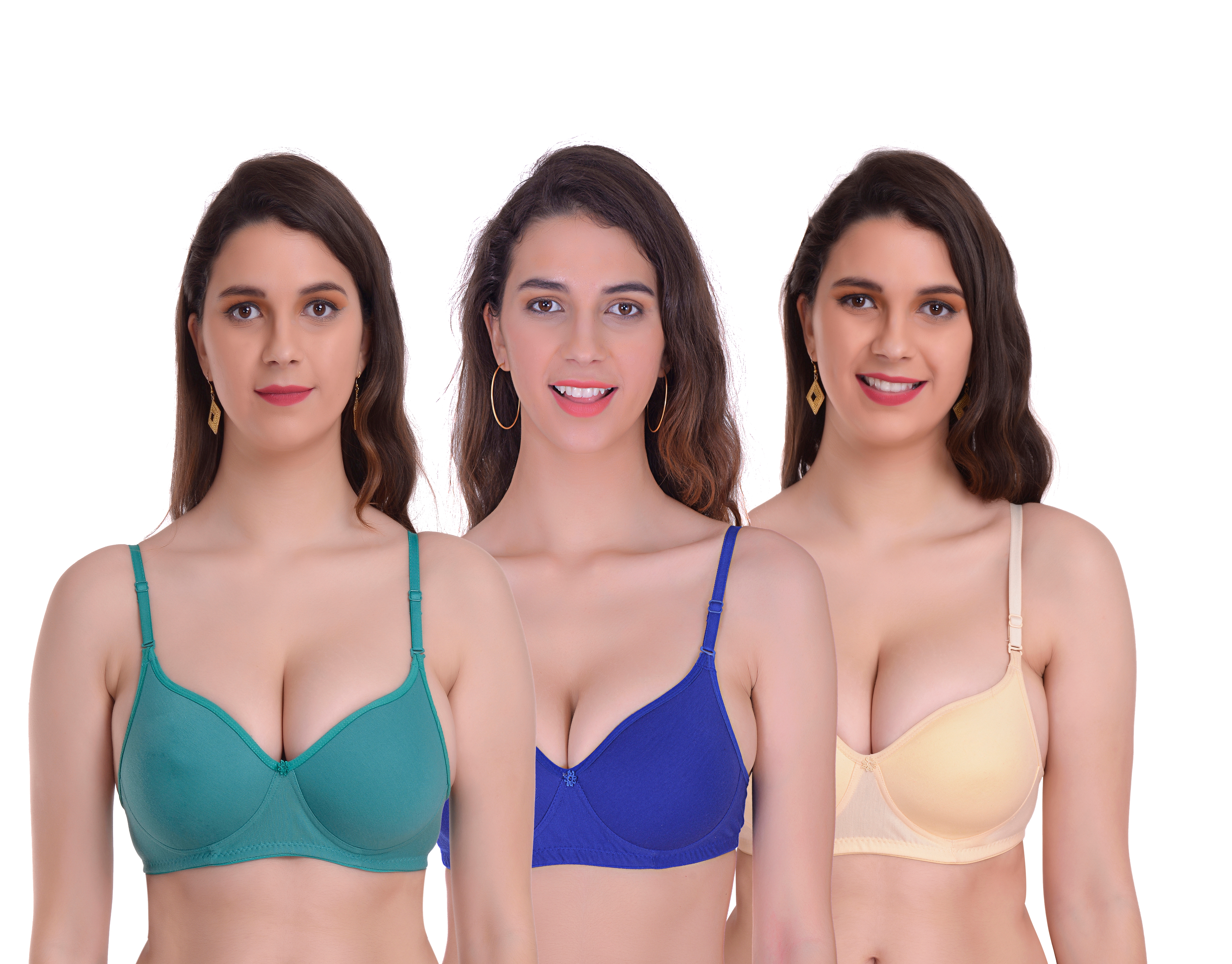Mynte | Mynte Women's Cotton Rich Lightly Padded Non-Wired Full Cup Regular Bra (Pack of 3) (Green/Blue/Yellow,30) (MY-CPPB-7GBLY-30)