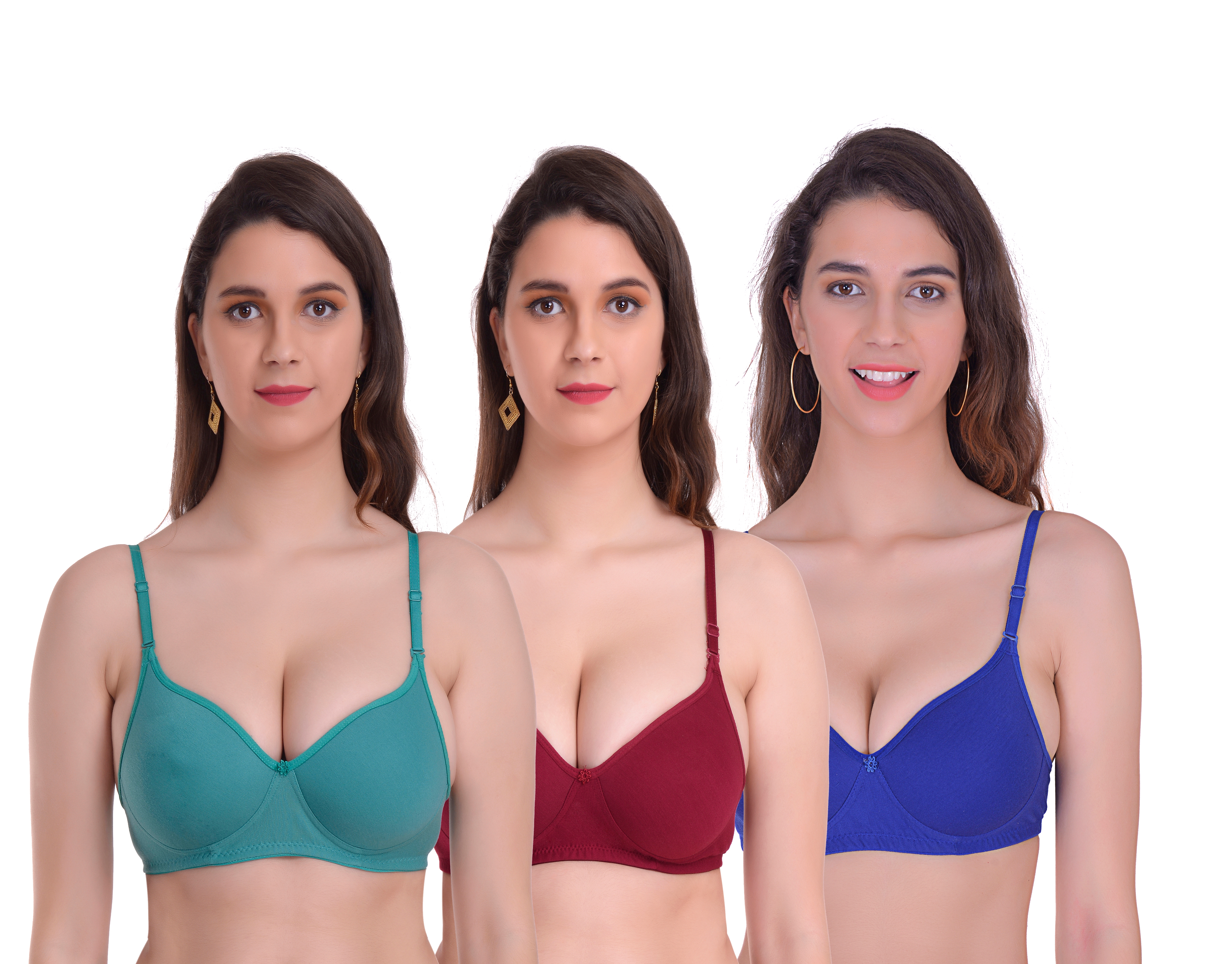 Mynte Women's Cotton Rich Lightly Padded Non-Wired Full Cup Regular Bra (Pack of 3) (Green/Maroon/Blue,30) (MY-CPPB-7GMBL-30)