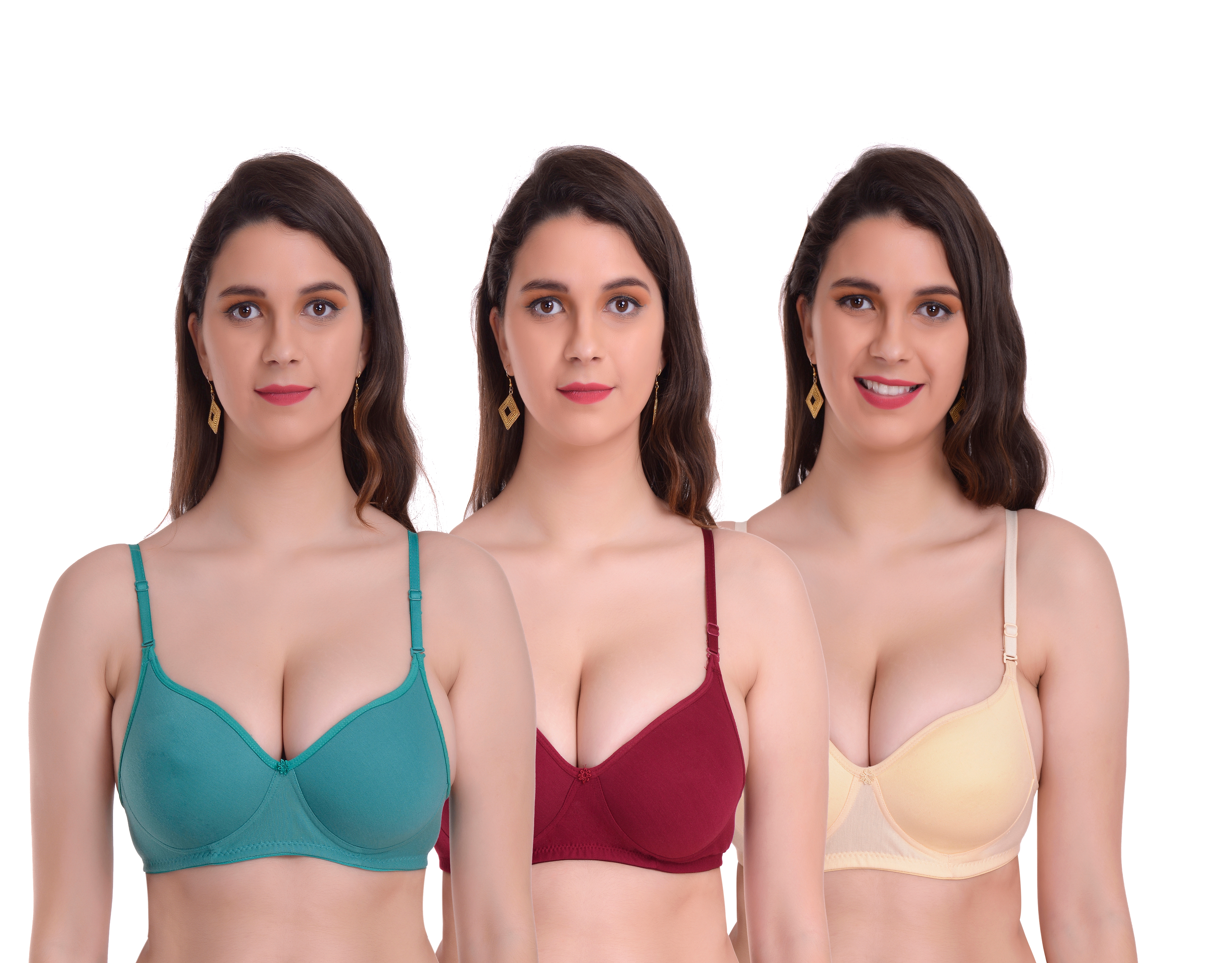 Mynte Women's Cotton Rich Lightly Padded Non-Wired Full Cup Regular Bra (Pack of 3) (Green/Maroon/Yellow,30) (MY-CPPB-7GMY-30)