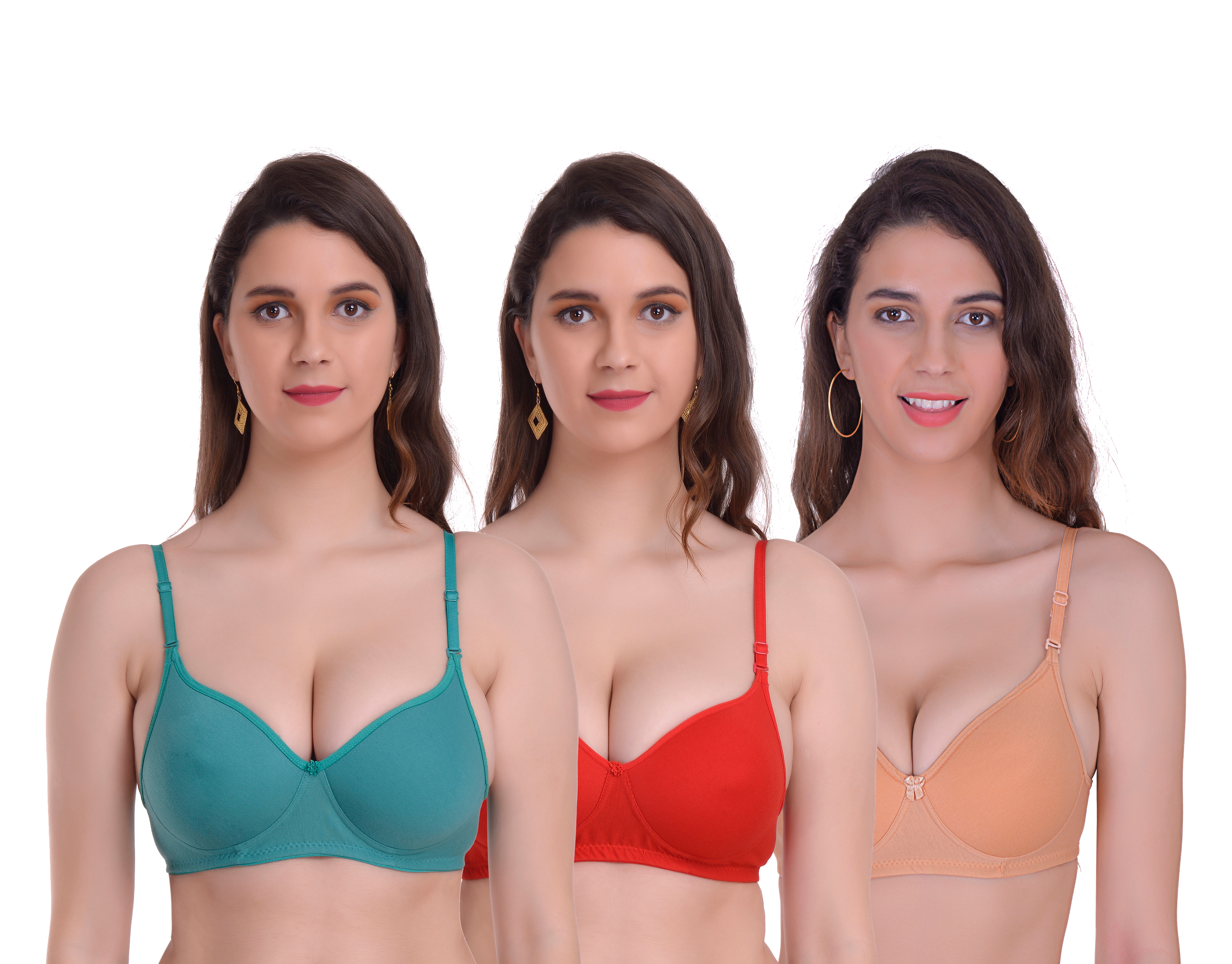 Mynte Women's Cotton Rich Lightly Padded Non-Wired Full Cup Regular Bra (Pack of 3) (Green/Red/Beige,30) (MY-CPPB-7GRC-30)