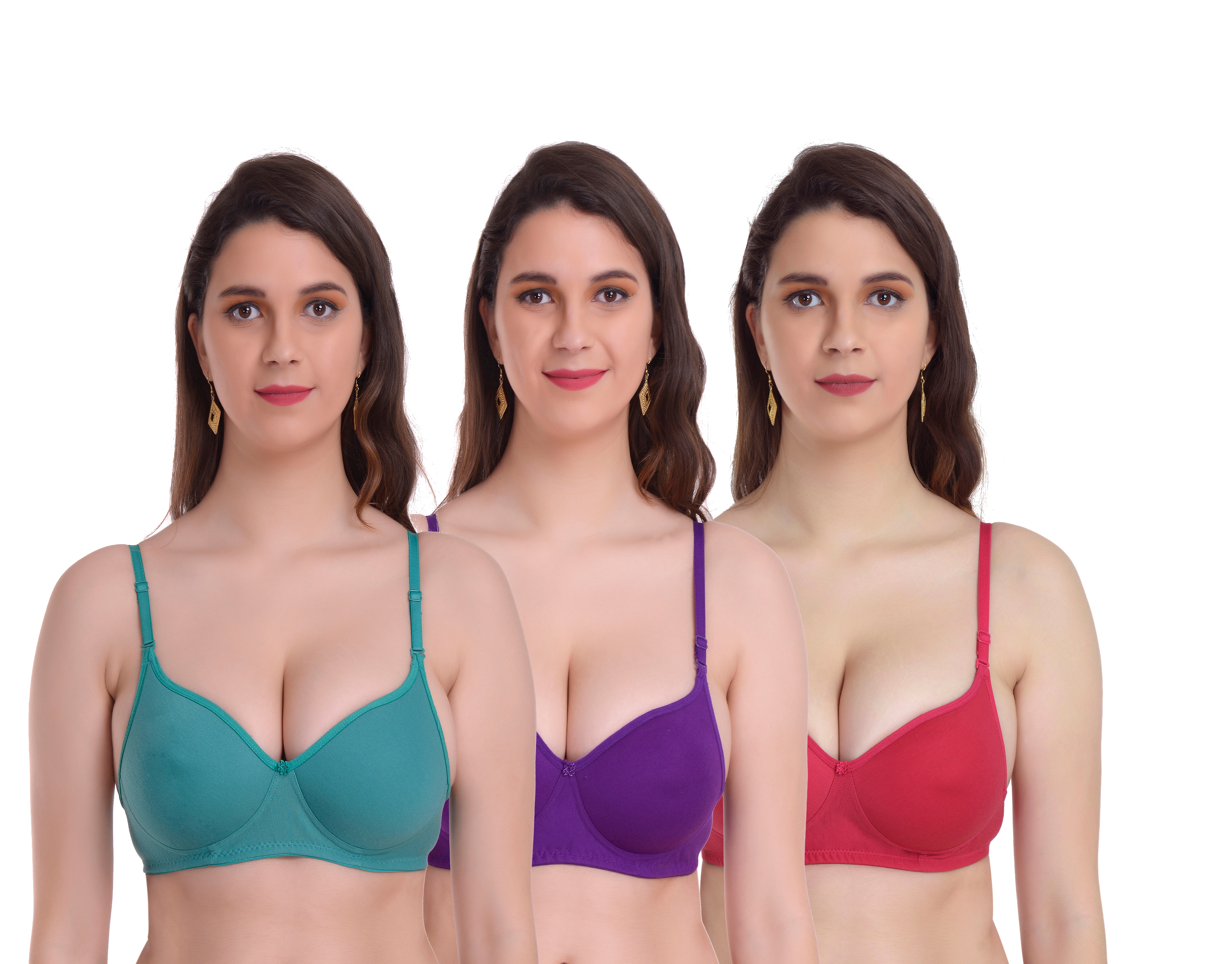 Mynte Women's Cotton Rich Lightly Padded Non-Wired Full Cup Regular Bra (Pack of 3) (Green/Purple/Red,30) (MY-CPPB-7GVR-30)