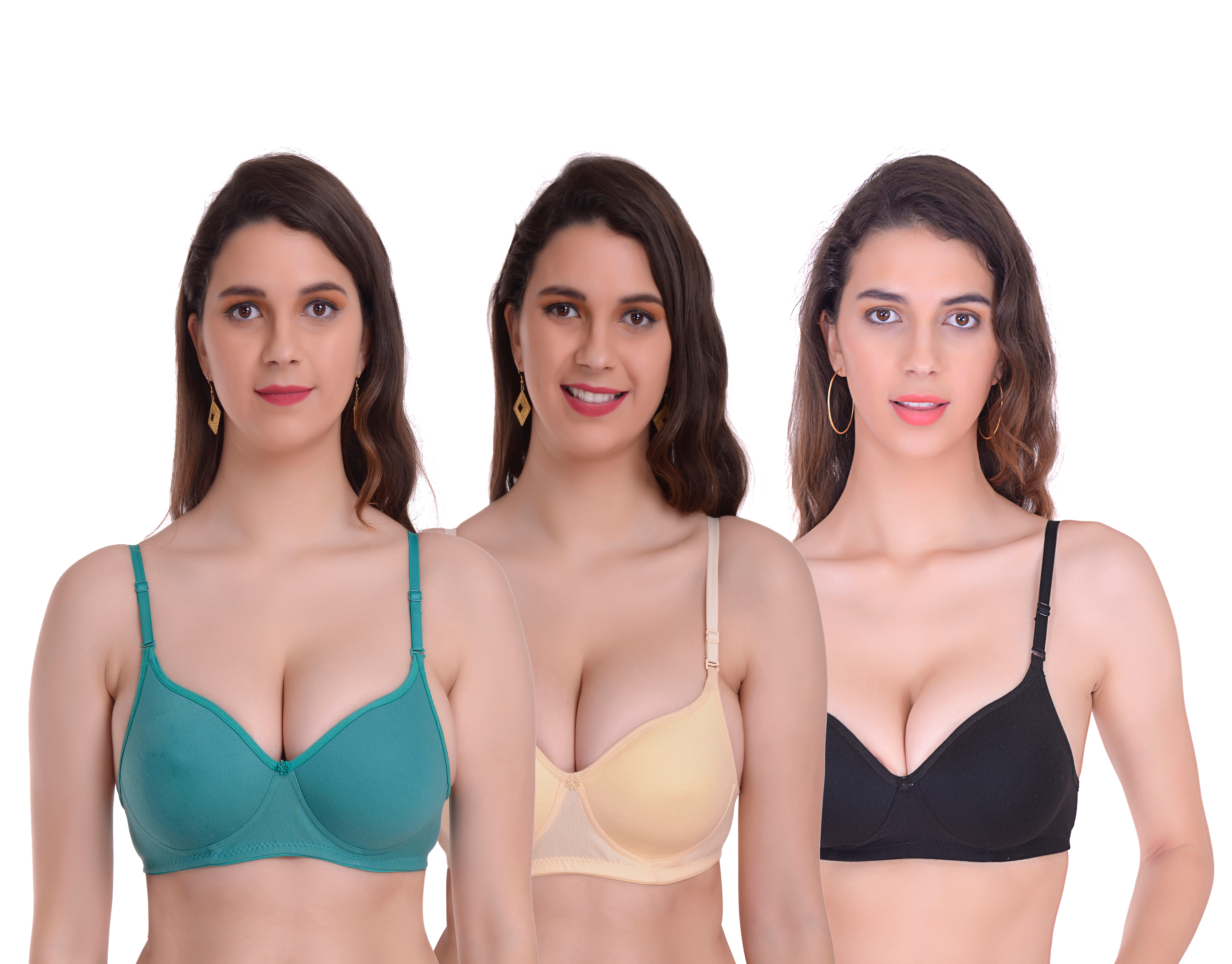 Mynte Women's Cotton Rich Lightly Padded Non-Wired Full Cup Regular Bra (Pack of 3) (Green/Yellow/Black,30) (MY-CPPB-7GYBK-30)