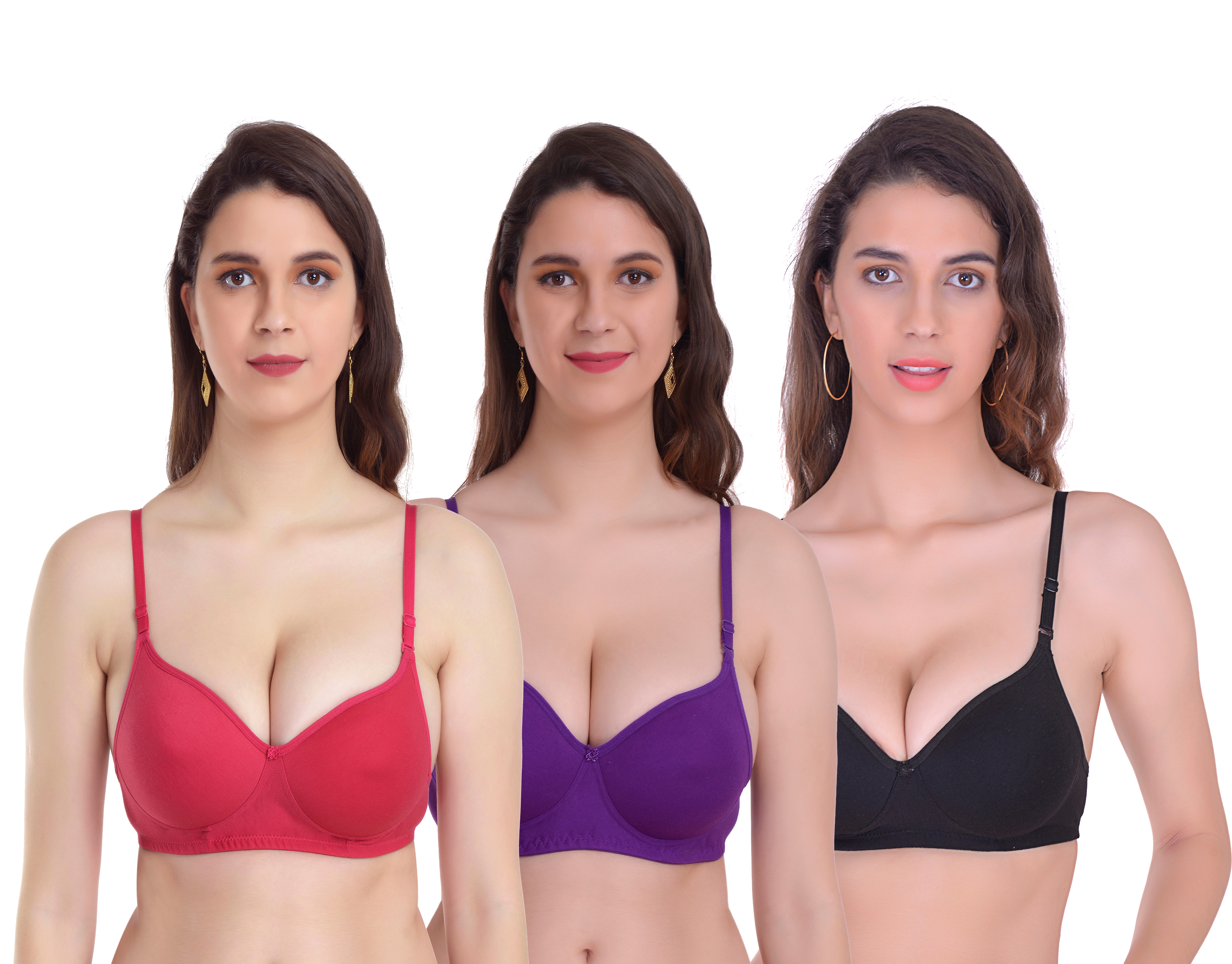 Mynte Women's Cotton Rich Lightly Padded Non-Wired Full Cup Regular Bra (Pack of 3) (Pink/Purple/Black,30) (MY-CPPB-7HRVBK-30)