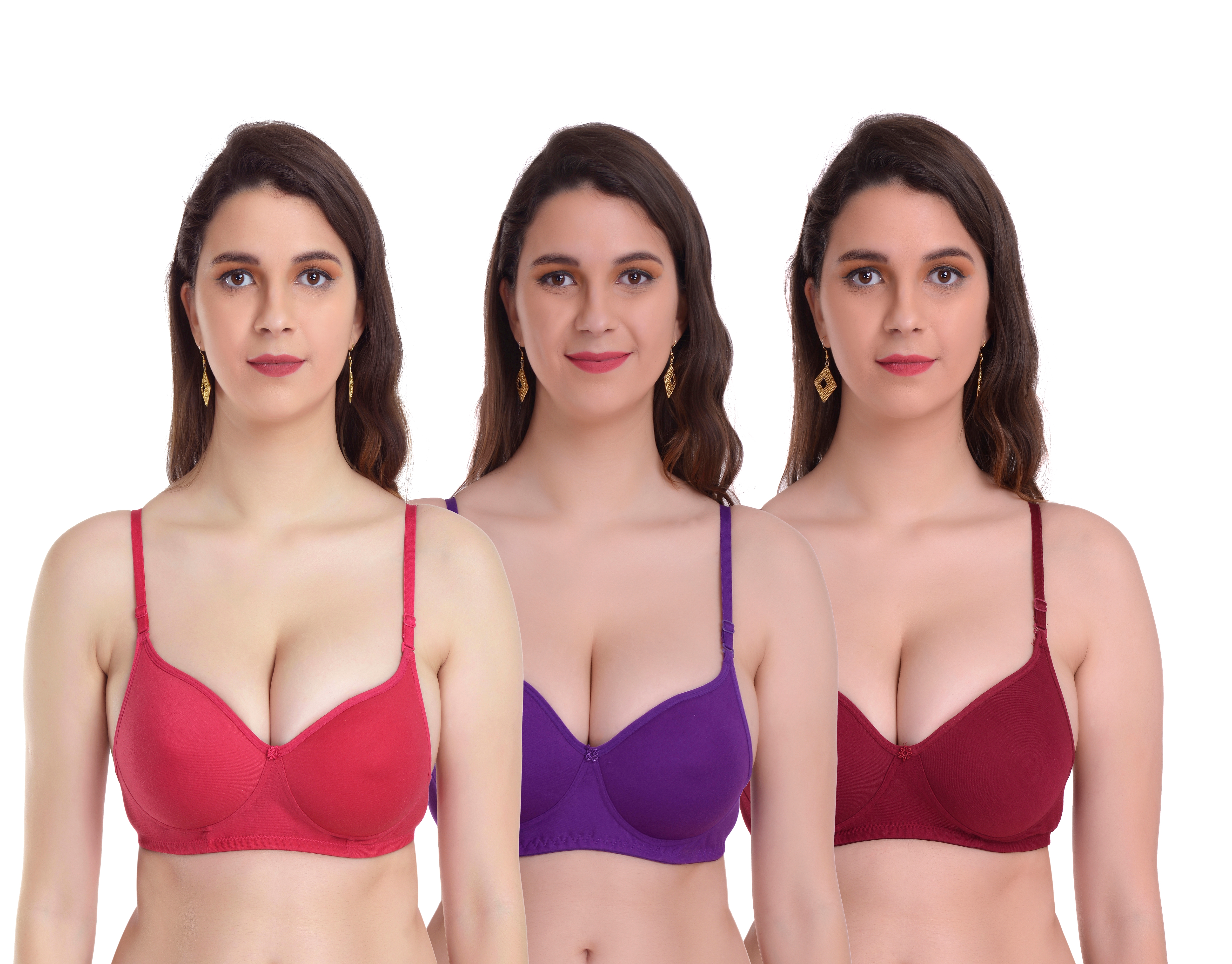 Mynte Women's Cotton Rich Lightly Padded Non-Wired Full Cup Regular Bra (Pack of 3) (Pink/Purple/Maroon,30) (MY-CPPB-7HRVM-30)