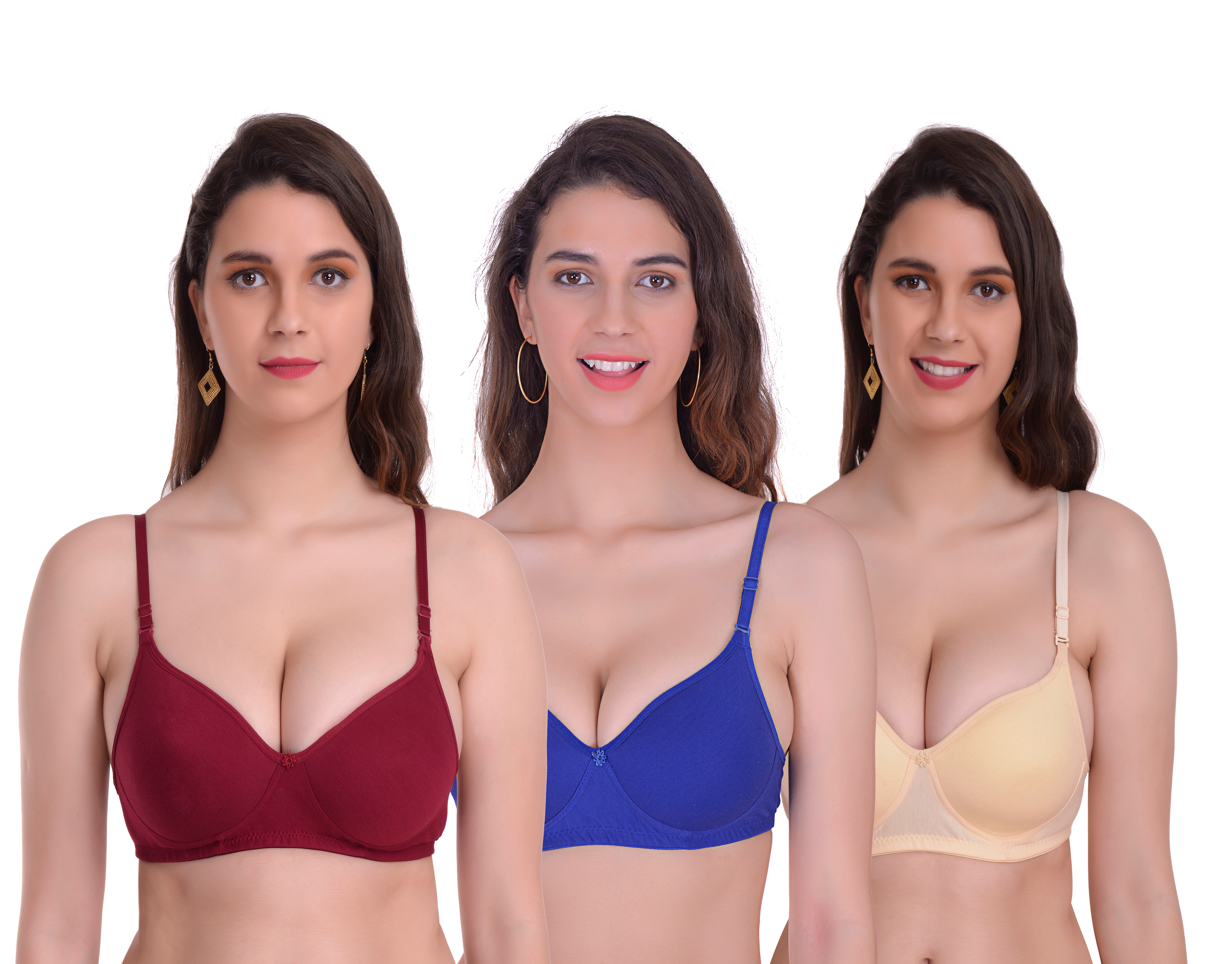 Mynte | Mynte Women's Cotton Rich Lightly Padded Non-Wired Full Cup Regular Bra (Pack of 3) (Maroon/Blue/Yellow,30) (MY-CPPB-7MBLY-30)