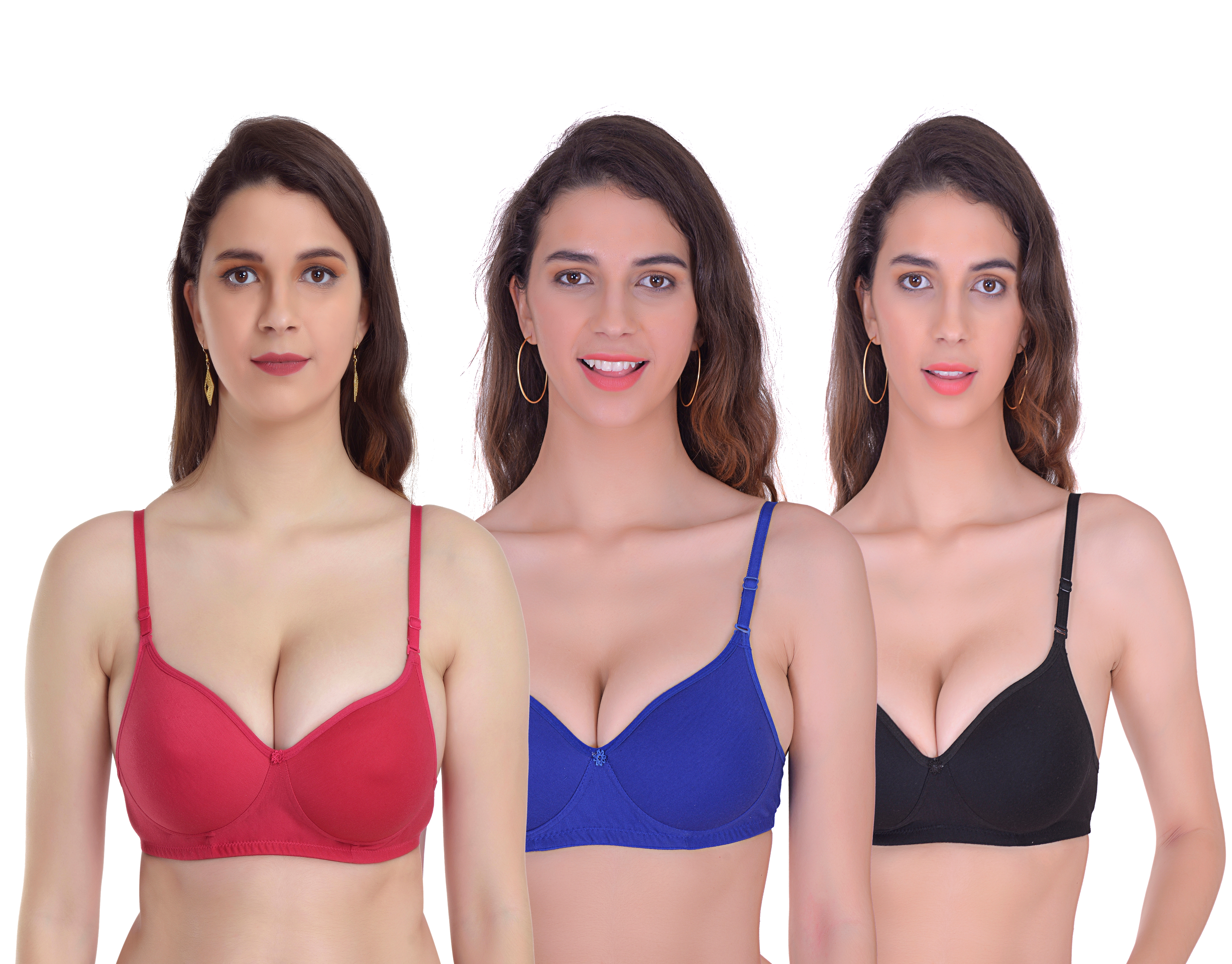Mynte Women's Cotton Rich Lightly Padded Non-Wired Full Cup Regular Bra (Pack of 3) (Red/Blue/Black,30) (MY-CPPB-7RBLBK-30)