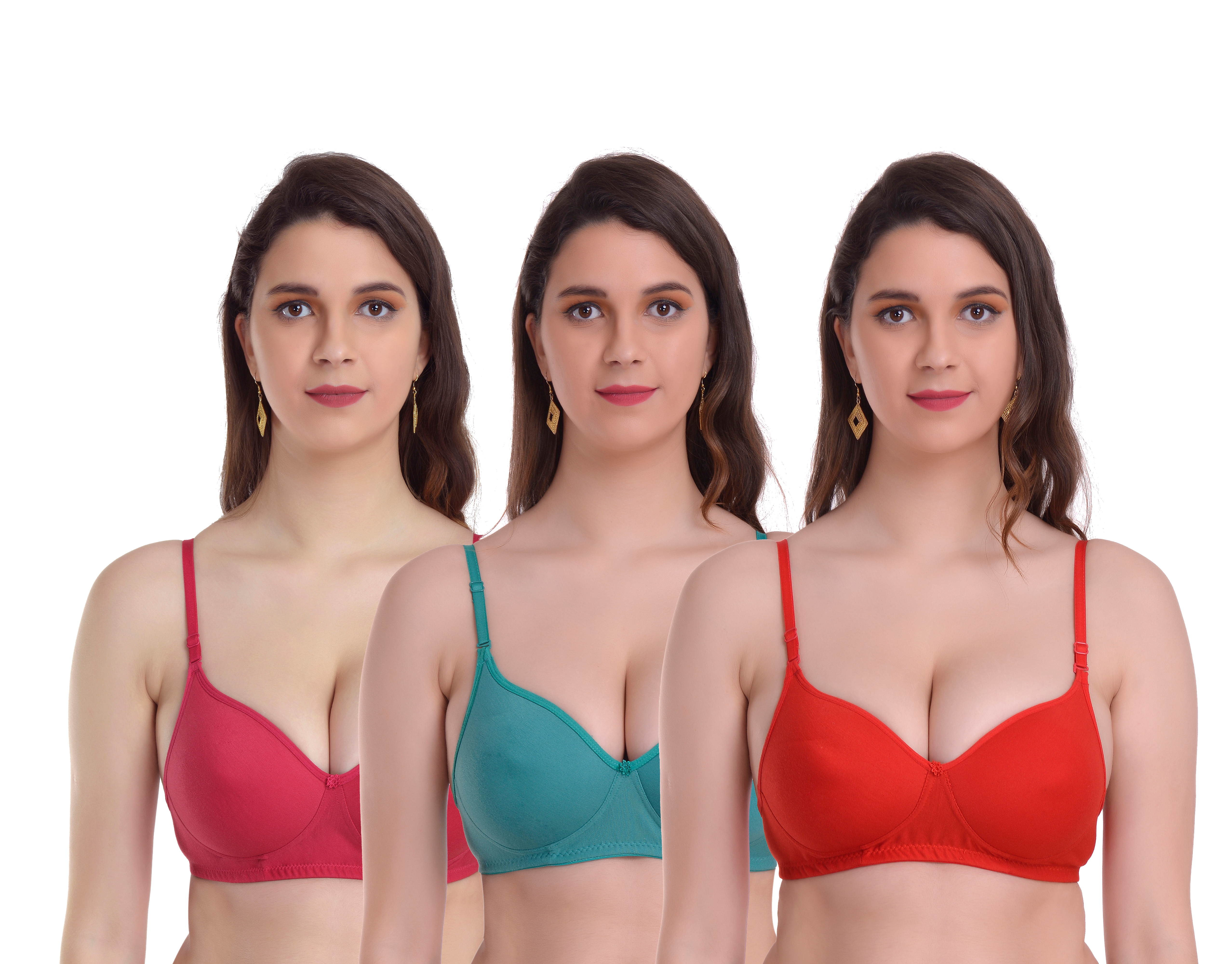 Mynte Women's Cotton Rich Lightly Padded Non-Wired Full Cup Regular Bra (Pack of 3) (Red/Green/Pink,30) (MY-CPPB-7RGHR-30)