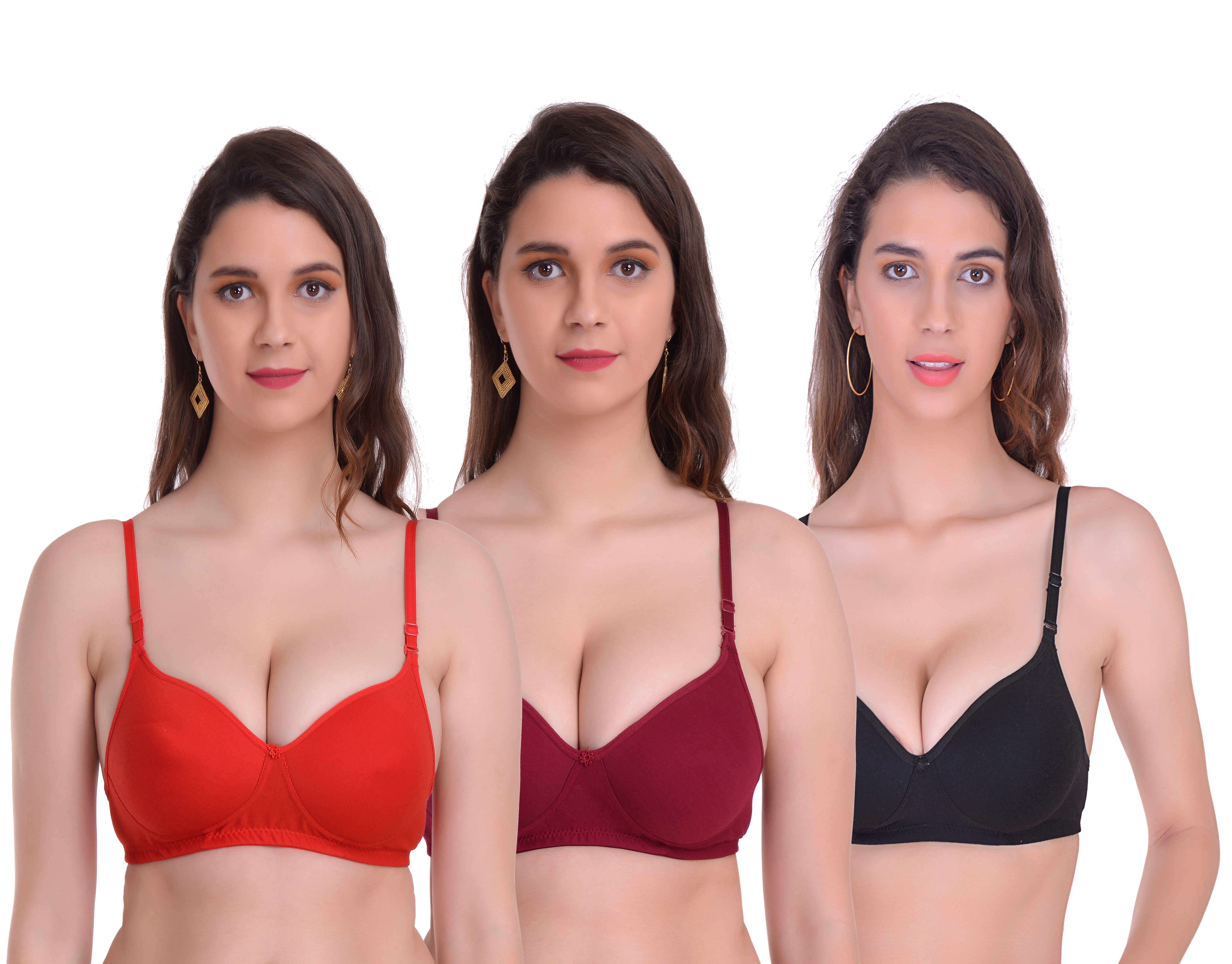 Mynte | Mynte Women's Cotton Rich Lightly Padded Non-Wired Full Cup Regular Bra (Pack of 3) (Red/Maroon/Black,30) (MY-CPPB-7RMBK-30)