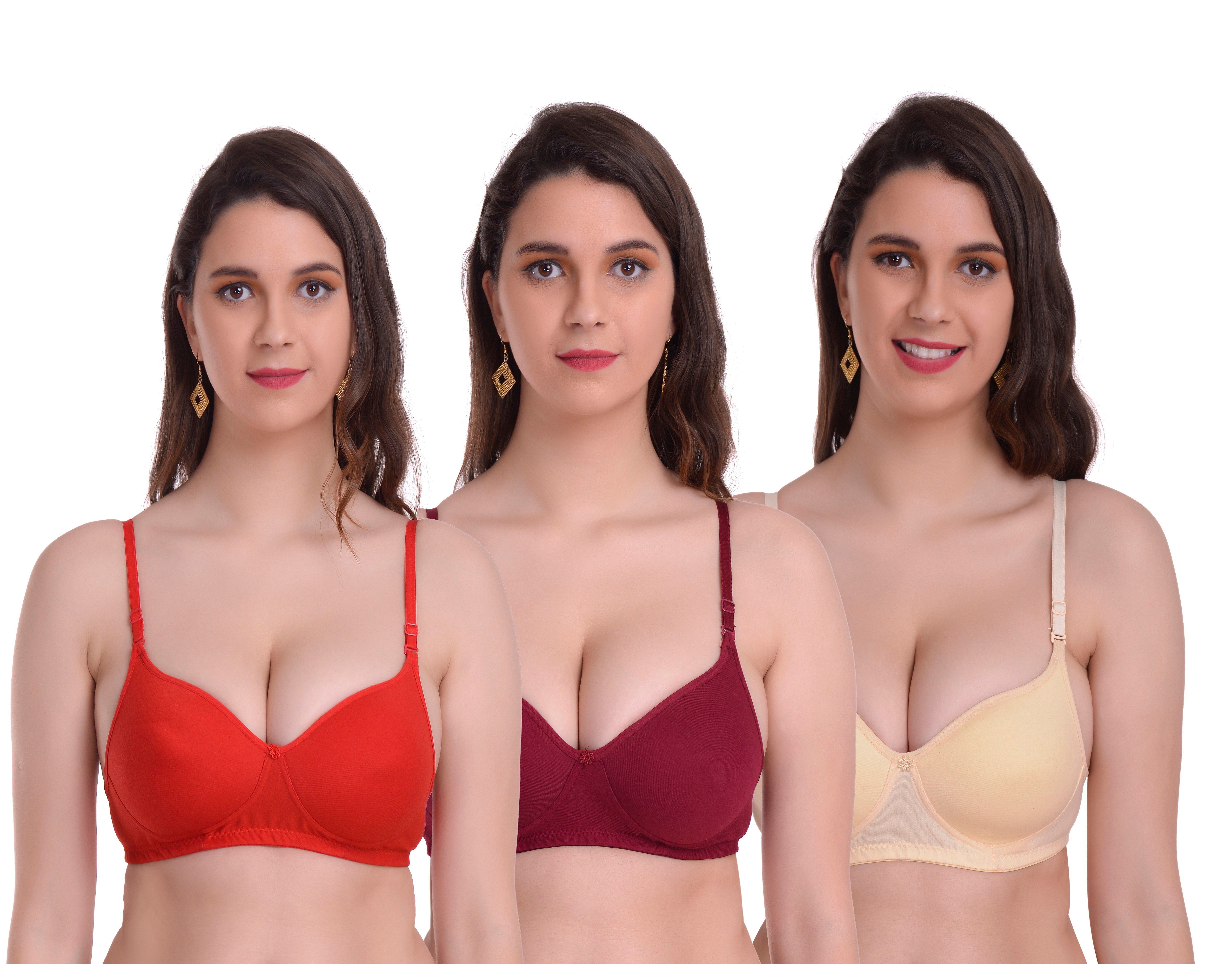 Mynte | Mynte Women's Cotton Rich Lightly Padded Non-Wired Full Cup Regular Bra (Pack of 3) (Red/Maroon/Yellow,30) (MY-CPPB-7RMY-30)