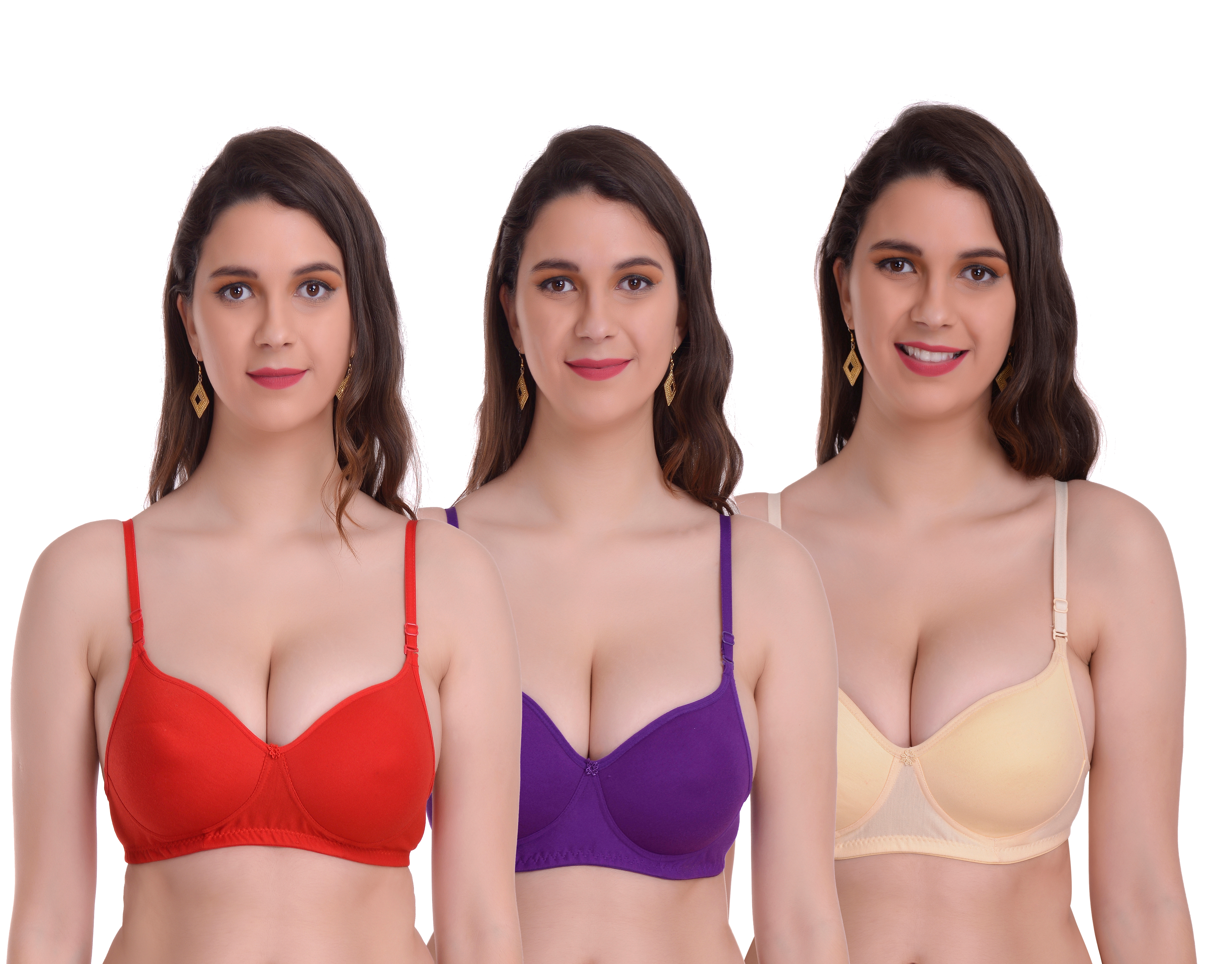 Mynte | Mynte Women's Cotton Rich Lightly Padded Non-Wired Full Cup Regular Bra (Pack of 3) (Red/Purple/Yellow,30) (MY-CPPB-7RVY-30)