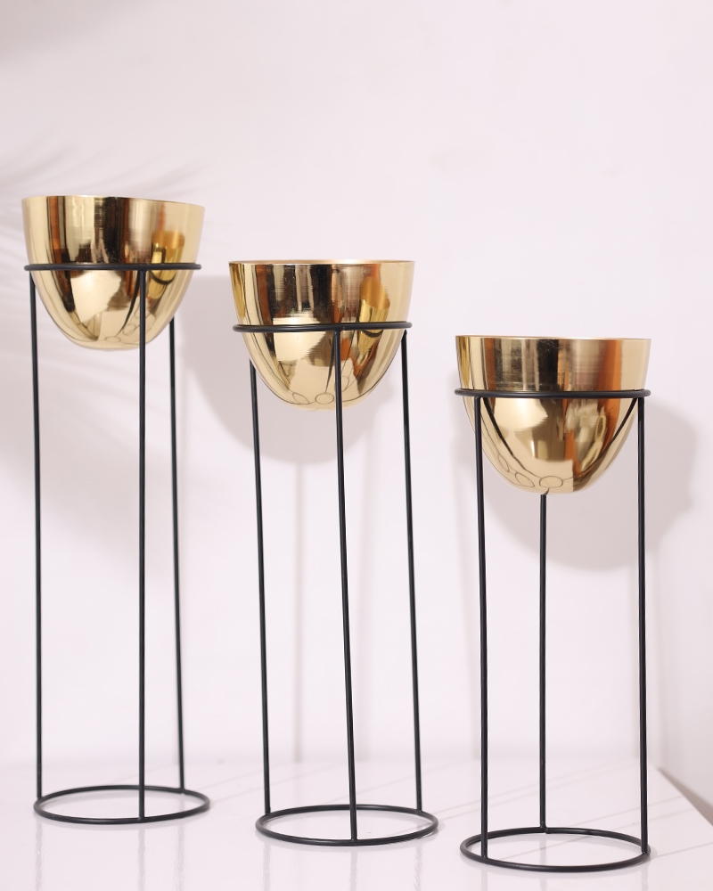 Order Happiness | Order Happiness Metal Gold Round Flower Vase With Black Stand Without Flower For Home Decoration, Living Room & Office - ( Set Of 3)