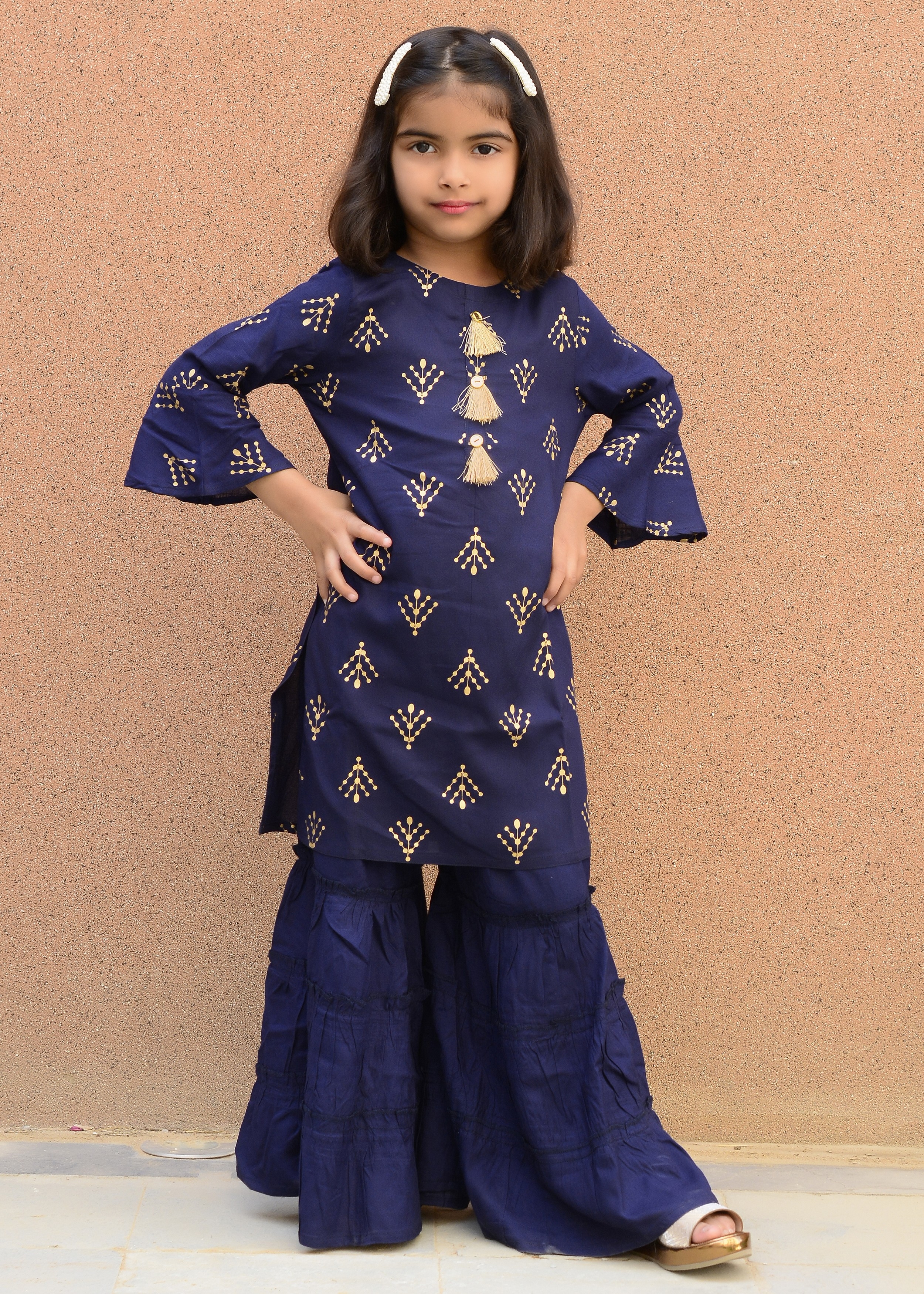 NANCI | Nanci Girl Kid Rayon printed Kurta Sharara Set- Blue