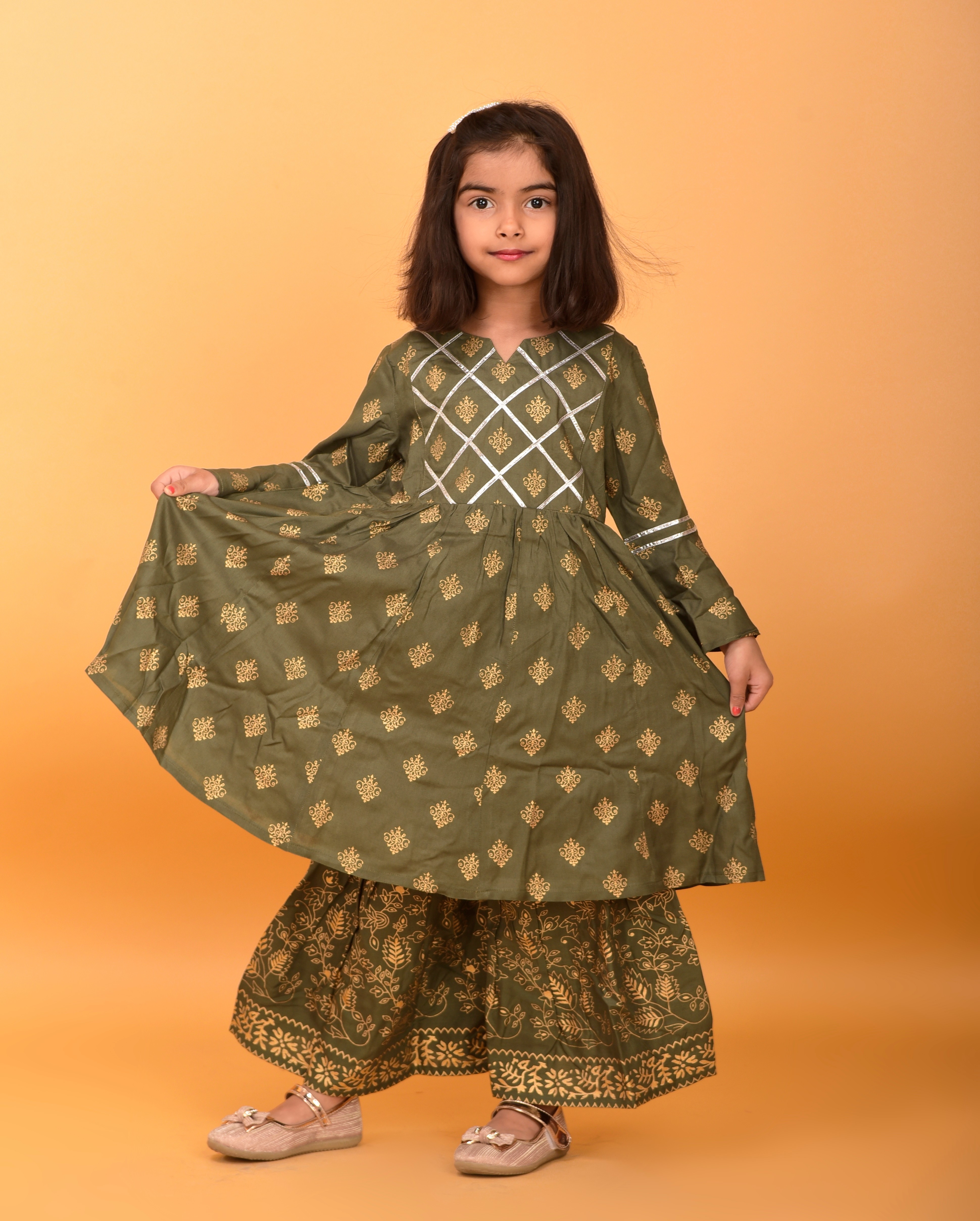 NANCI | Nanci Girl Kid Rayon printed Kurta Sharara Set- Grey