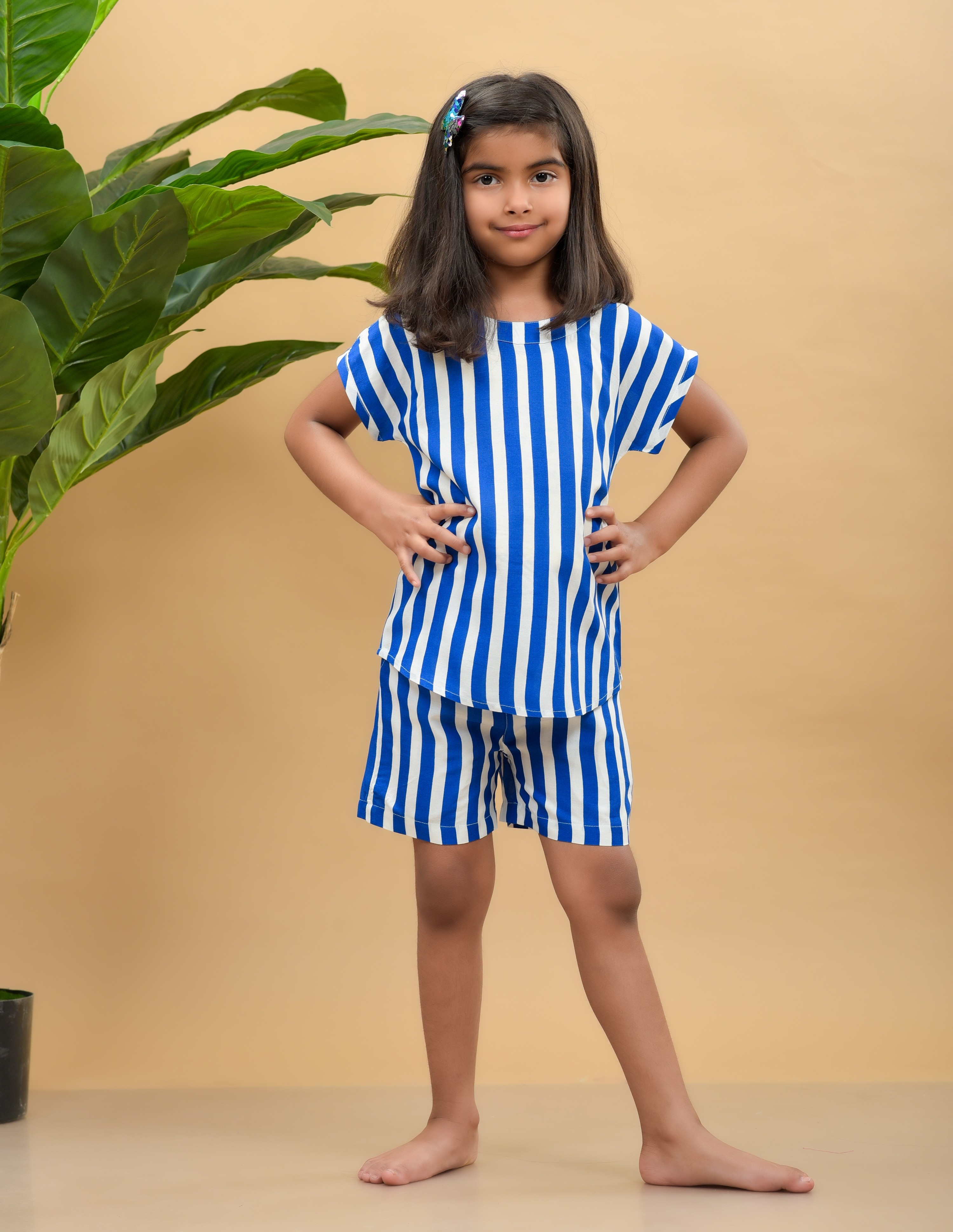 NANCI | Nanci Kids Girls Rayon Striped Top & Short Night Suit-Navy Blue