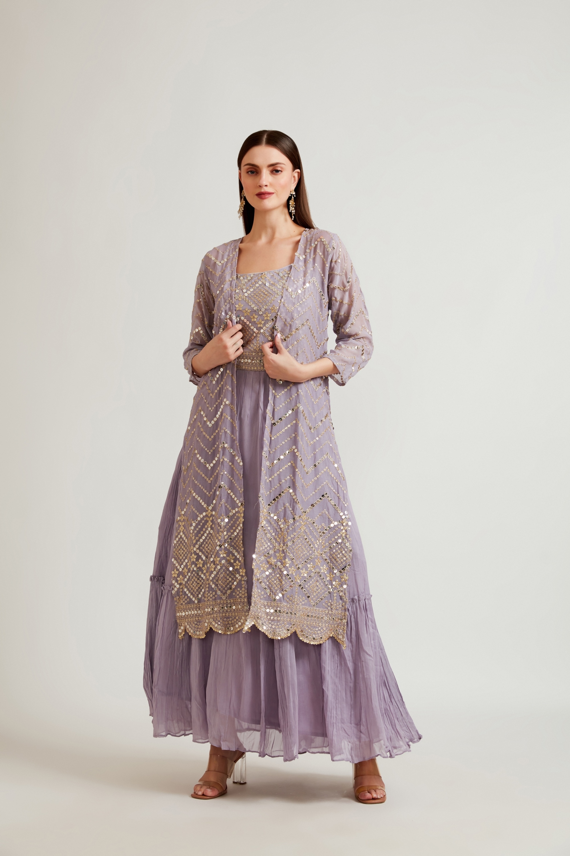 Neeru's | Neerus Purple Flared Ethnic Embroidered Gown